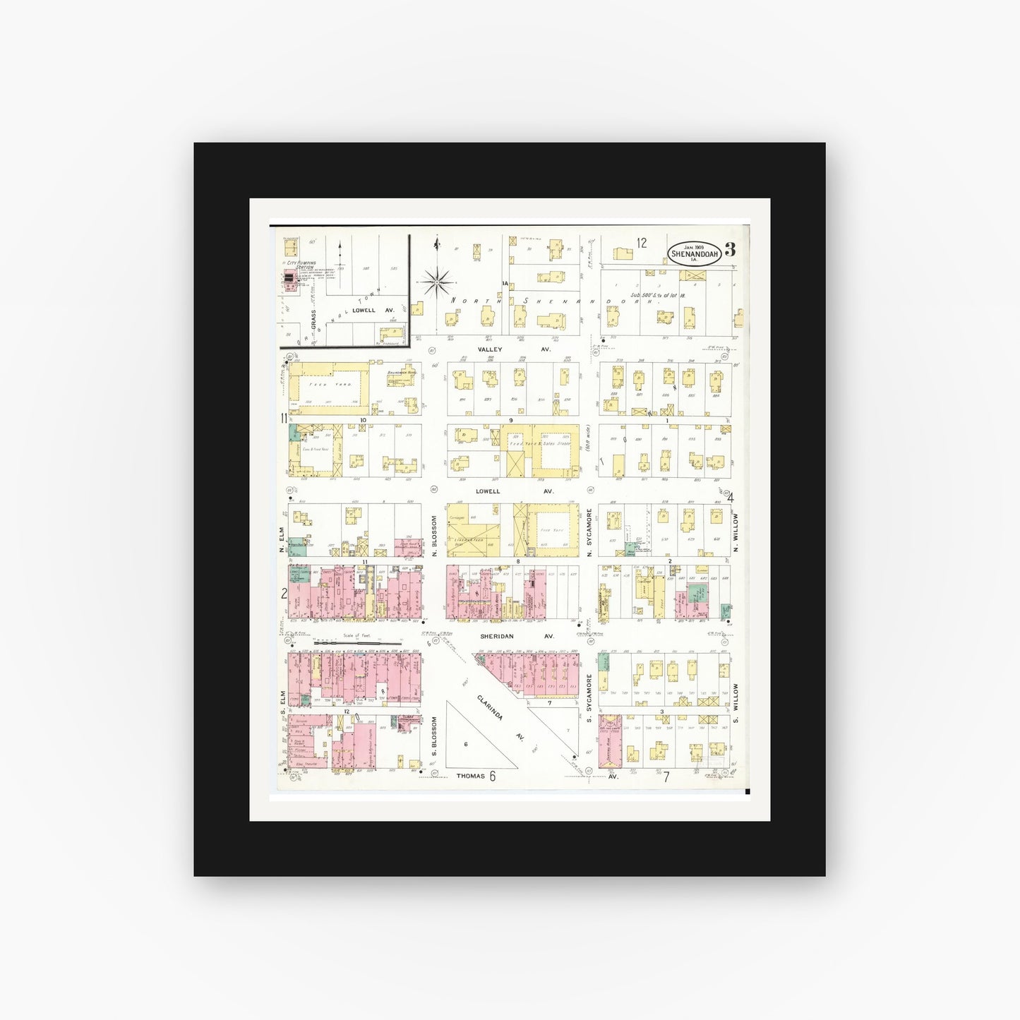 Old map wall art mockup — black gallery frame with white mat — Sanborn Fire Insurance Map from Shenandoah, Page County, Iowa (1909), Sheet #0003