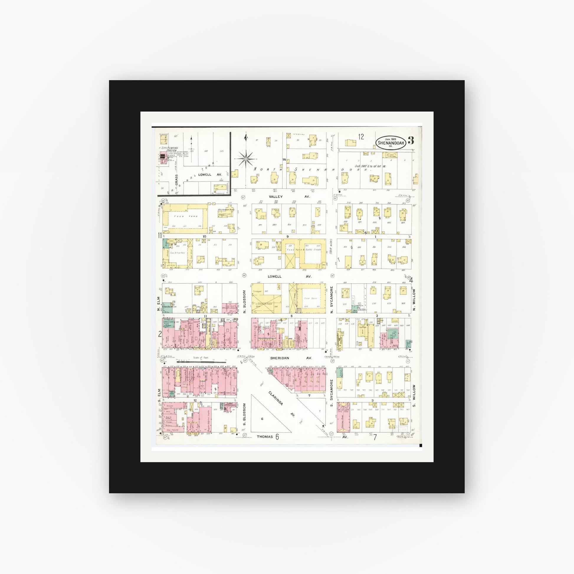 Old map wall art mockup — black gallery frame with white mat — Sanborn Fire Insurance Map from Shenandoah, Page County, Iowa (1909), Sheet #0003