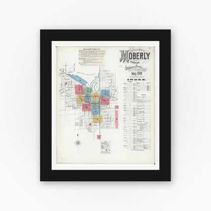 Old map wall art mockup — black gallery frame with white mat — Sanborn Fire Insurance Map from Moberly, Randolph County, Missouri (1899) - Complete Map Set