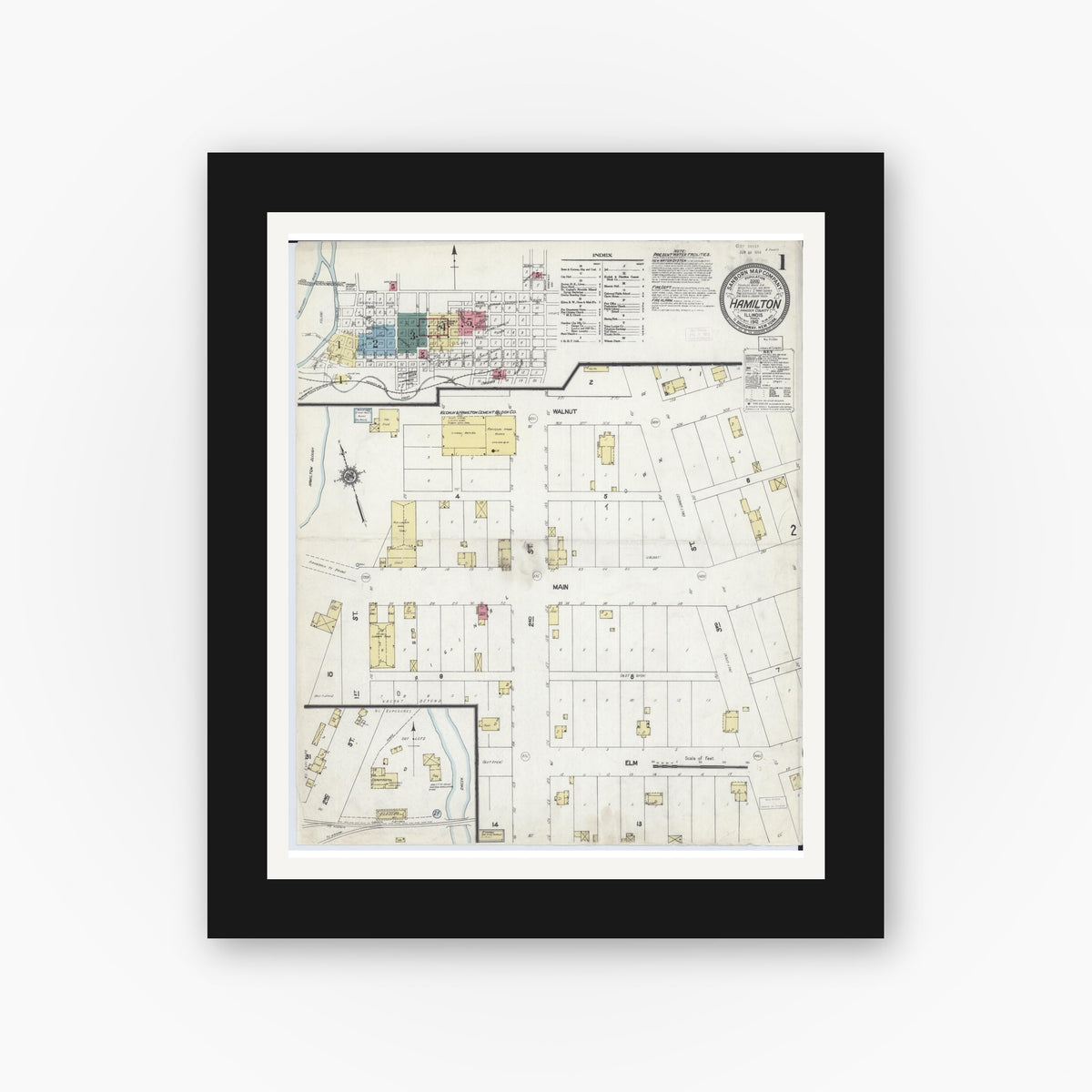 Old map wall art mockup — black gallery frame with white mat — Sanborn Fire Insurance Map from Hamilton, Hancock County, Illinois (1912) - Complete Map Set