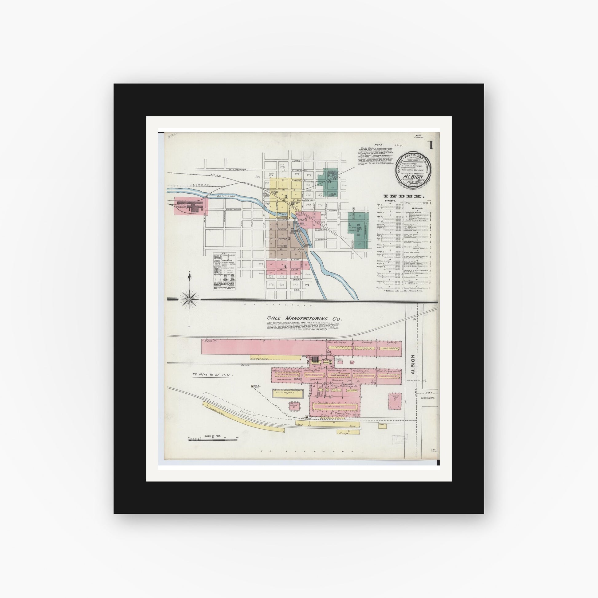 Old map wall art mockup — black gallery frame with white mat — Sanborn Fire Insurance Map from Albion, Calhoun County, Michigan (1893) - Complete Map Set