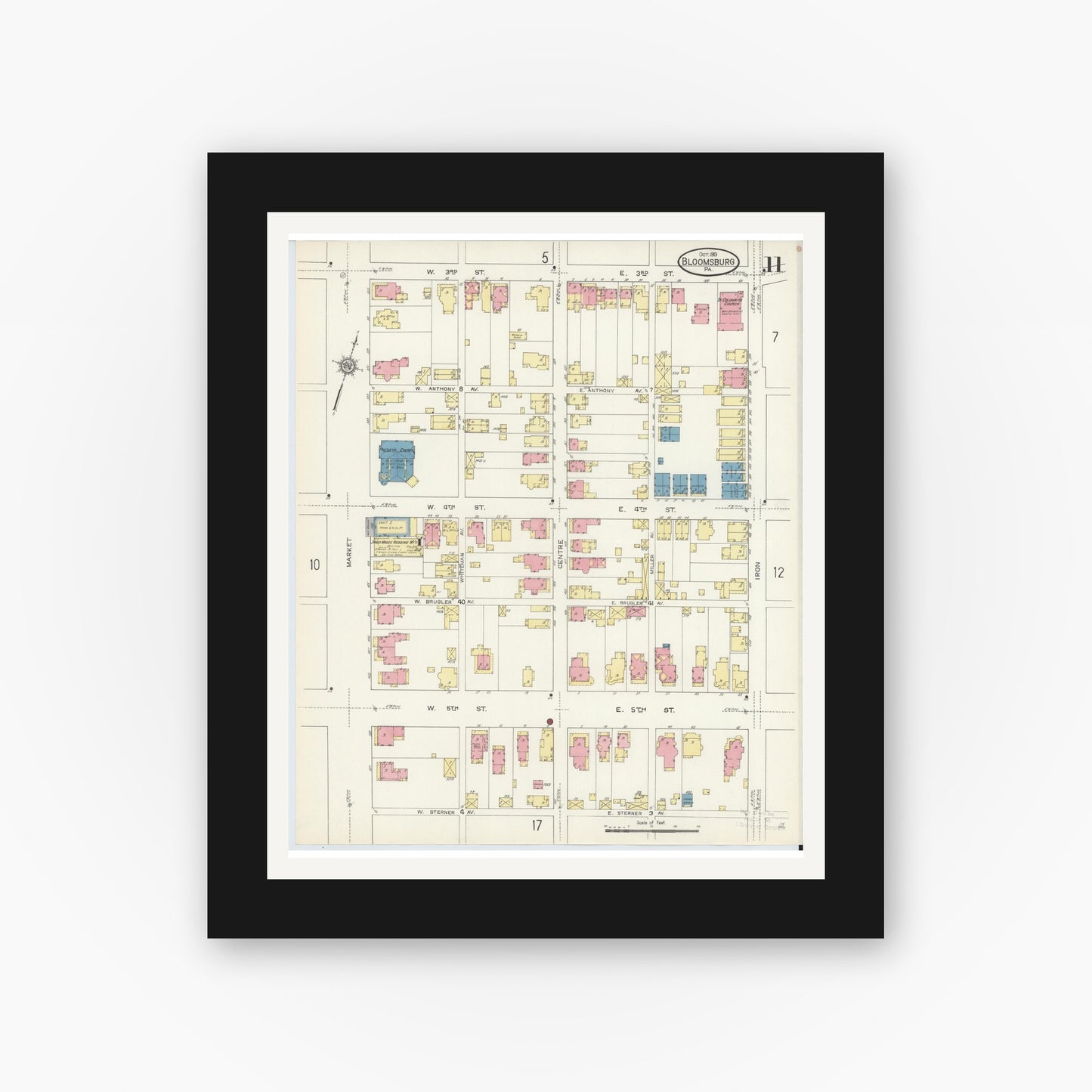 Old map wall art mockup — black gallery frame with white mat — Sanborn Fire Insurance Map from Bloomsburg, Columbia County, Pennsylvania (1913), Sheet #0011