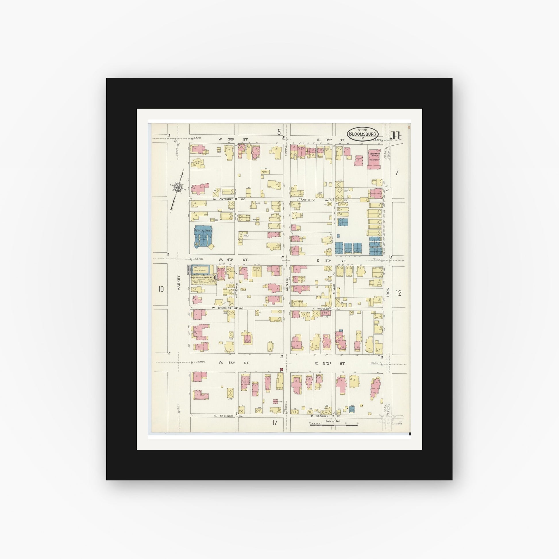 Old map wall art mockup — black gallery frame with white mat — Sanborn Fire Insurance Map from Bloomsburg, Columbia County, Pennsylvania (1913), Sheet #0011