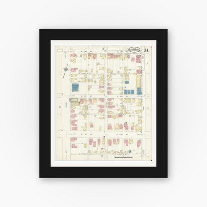 Old map wall art mockup — black gallery frame with white mat — Sanborn Fire Insurance Map from Bloomsburg, Columbia County, Pennsylvania (1913), Sheet #0011