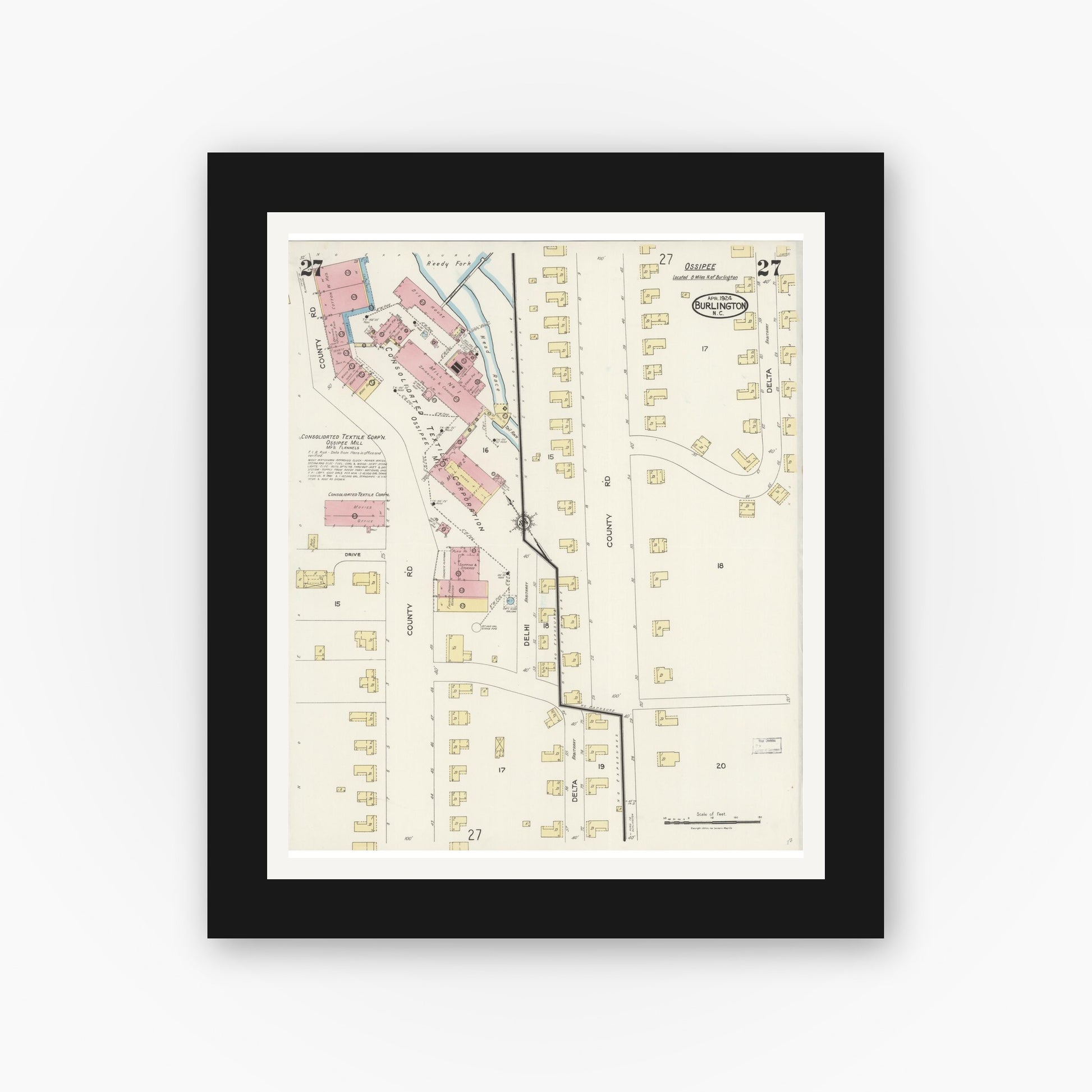 Old map wall art mockup — black gallery frame with white mat — Sanborn Fire Insurance Map from Burlington, Alamance County, North Carolina (1924), Sheet #0027