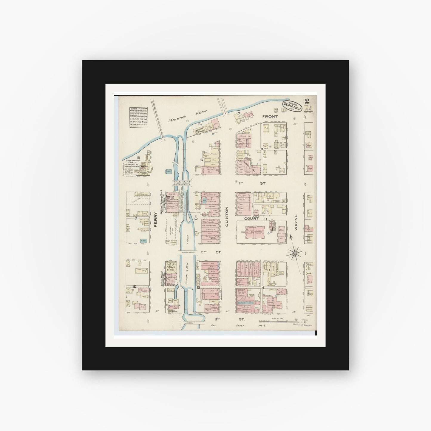 Old map wall art mockup — black gallery frame with white mat — Sanborn Fire Insurance Map from Defiance, Defiance County, Ohio (1884), Sheet #0002