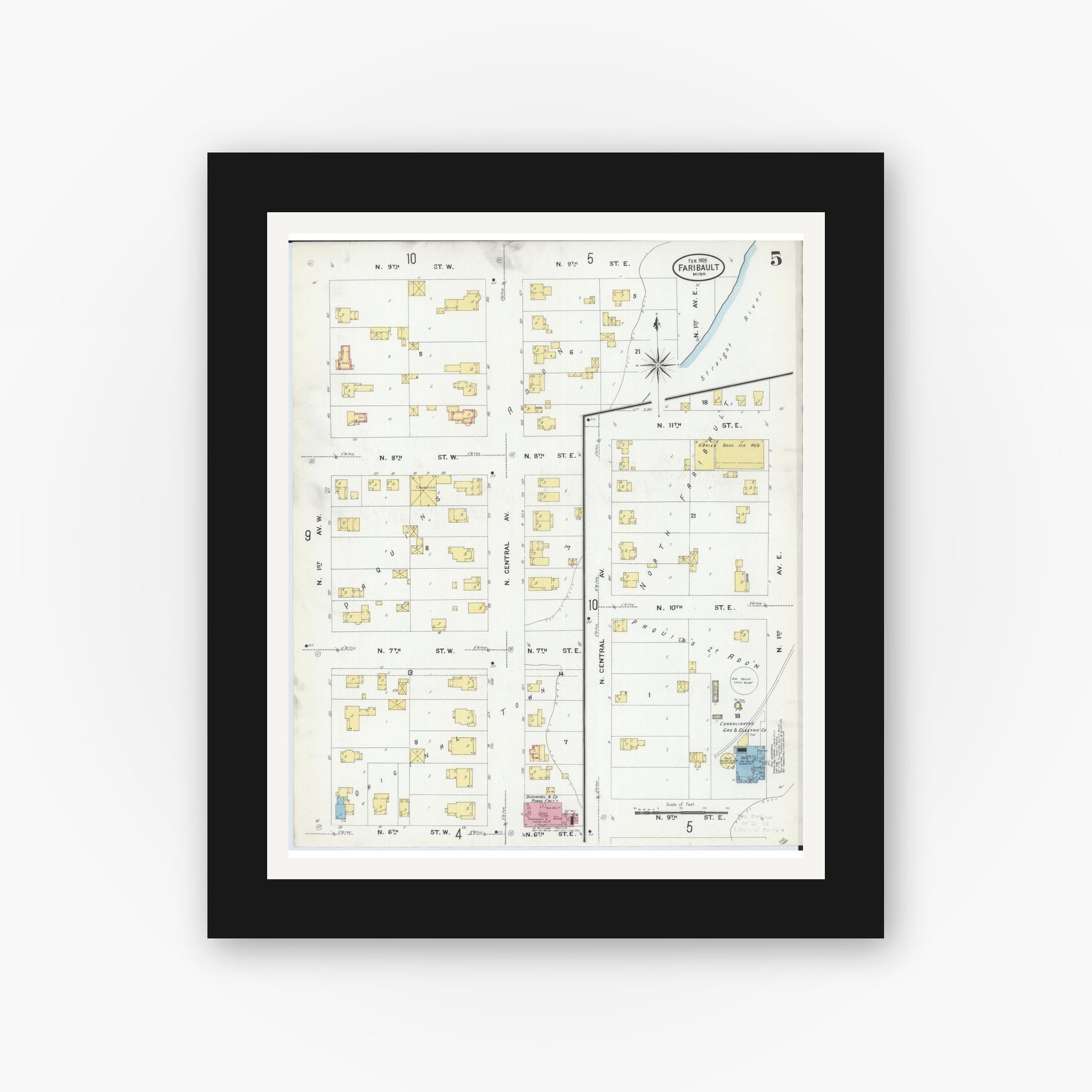 Old map wall art mockup — black gallery frame with white mat — Sanborn Fire Insurance Map from Faribault, Rice County, Minnesota (1909), Sheet #0005