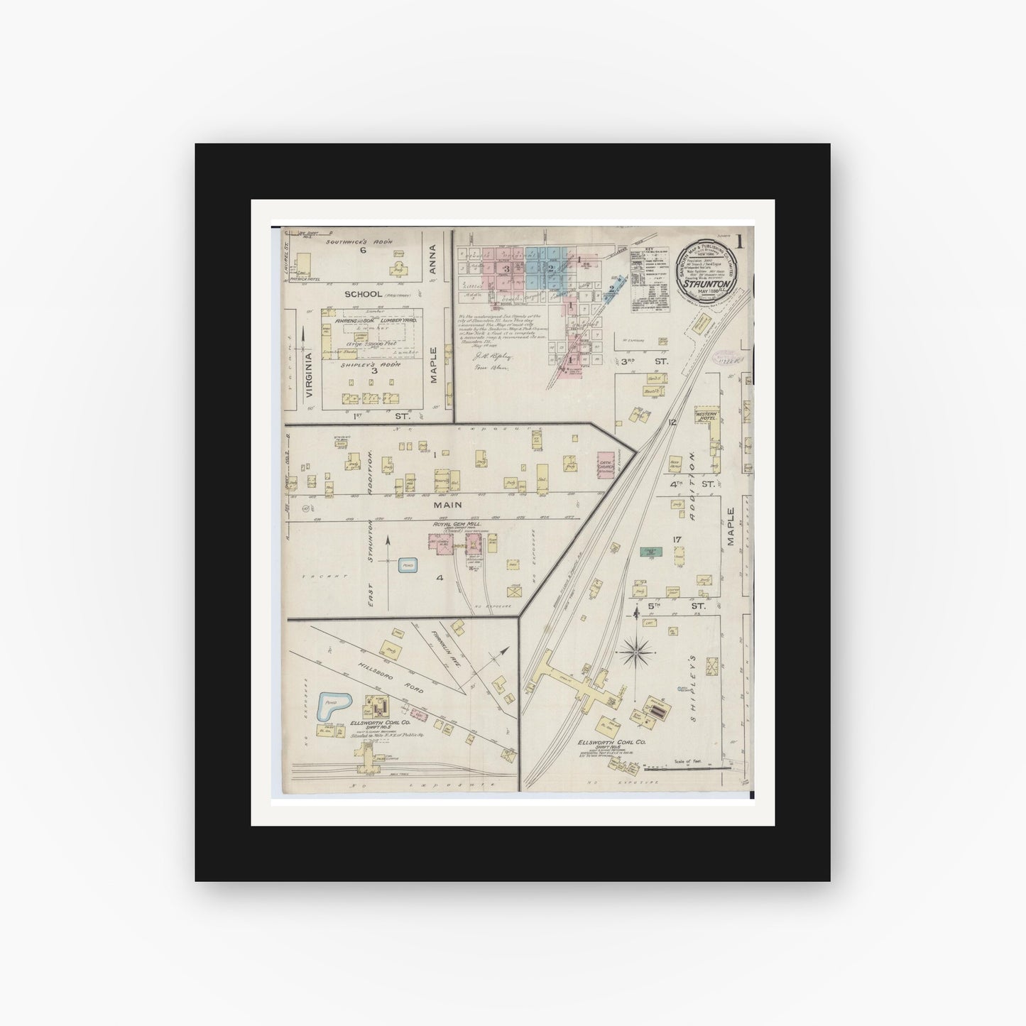 Old map wall art mockup — black gallery frame with white mat — Sanborn Fire Insurance Map from Staunton, Macoupin County, Illinois (1886) - Complete Map Set