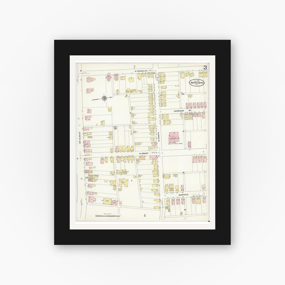 Old map wall art mockup — black gallery frame with white mat — Sanborn Fire Insurance Map from Waynesboro, Franklin County, Pennsylvania (1910), Sheet #0003