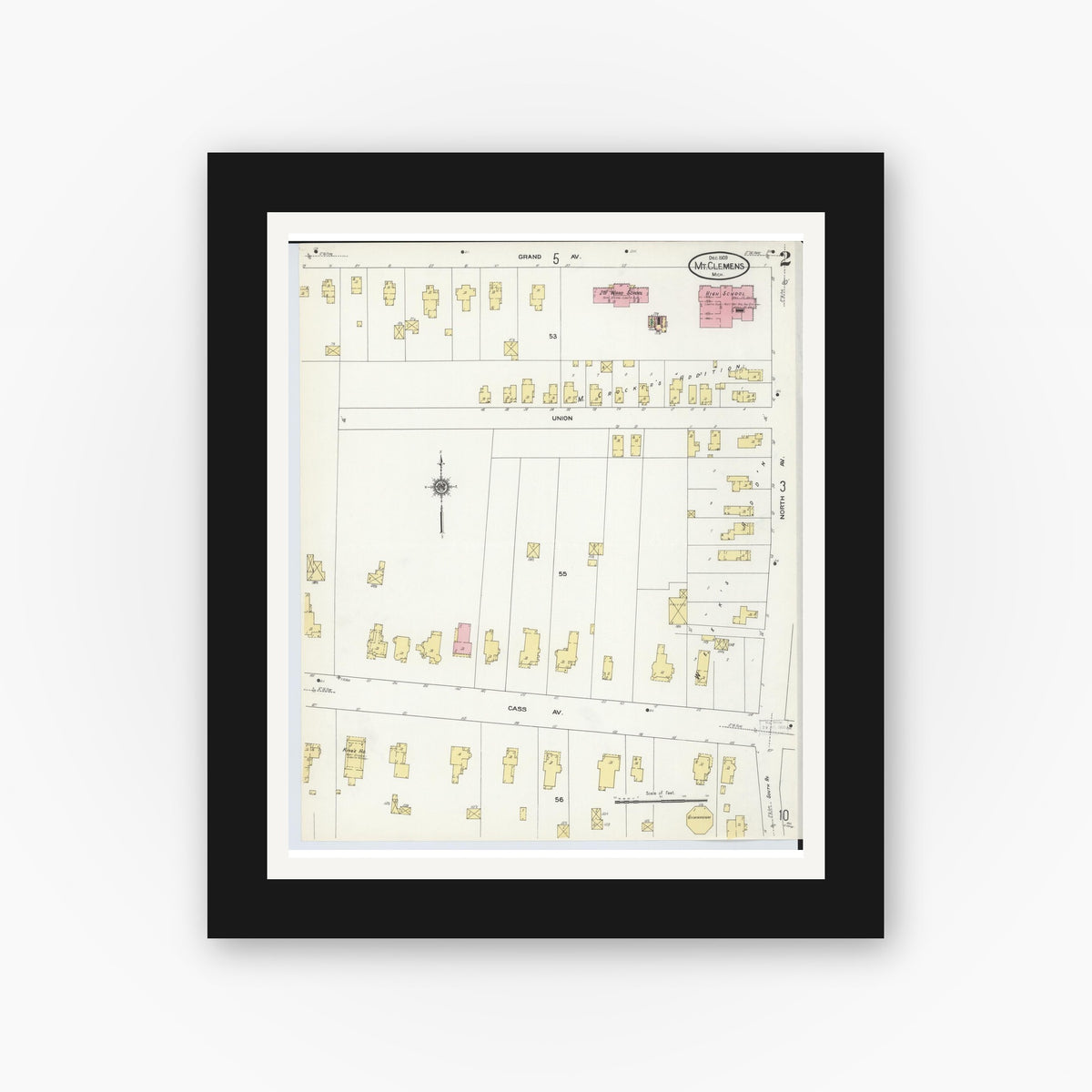 Old map wall art mockup — black gallery frame with white mat — Sanborn Fire Insurance Map from Mount Clemens, Macomb County, Michigan (1909), Sheet #0002