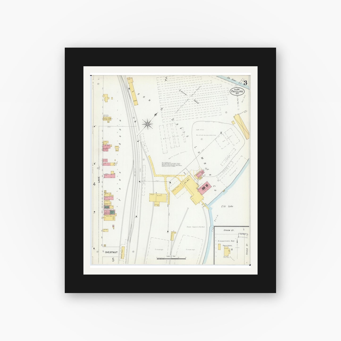 Old map wall art mockup — black gallery frame with white mat — Sanborn Fire Insurance Map from Phillips, Price County, Wisconsin (1901), Sheet #0003