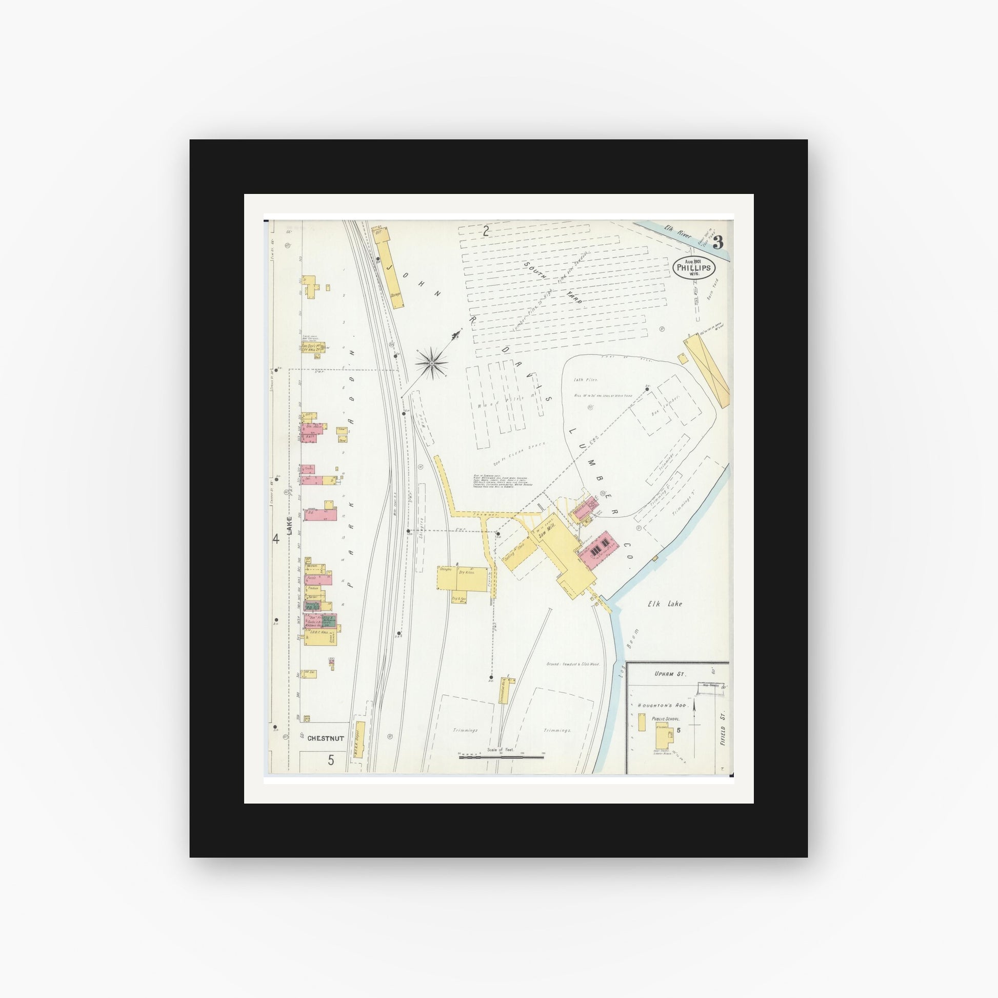 Old map wall art mockup — black gallery frame with white mat — Sanborn Fire Insurance Map from Phillips, Price County, Wisconsin (1901), Sheet #0003