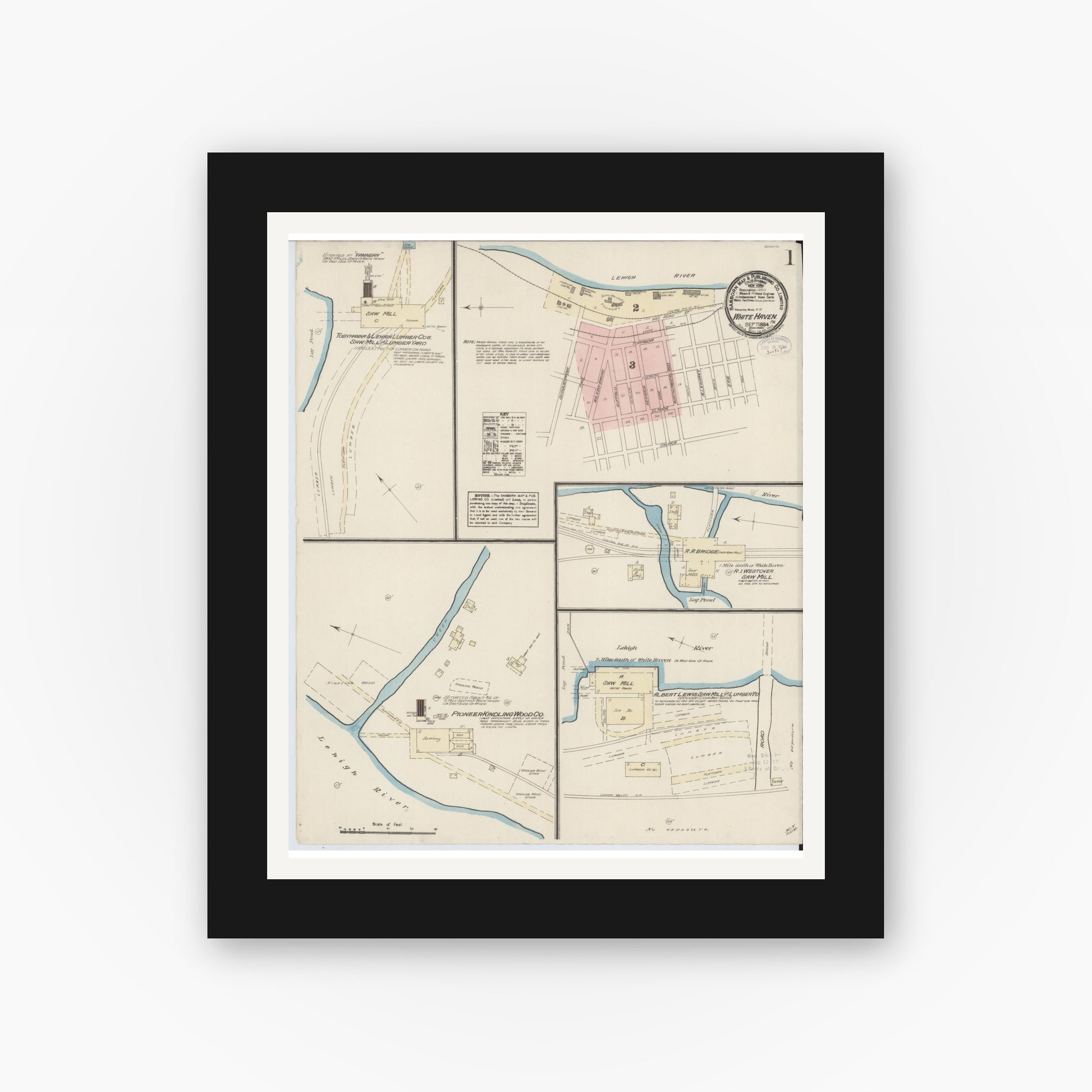 Old map wall art mockup — black gallery frame with white mat — Sanborn Fire Insurance Map from White Haven, Luzerne County, Pennsylvania (1884) - Complete Map Set