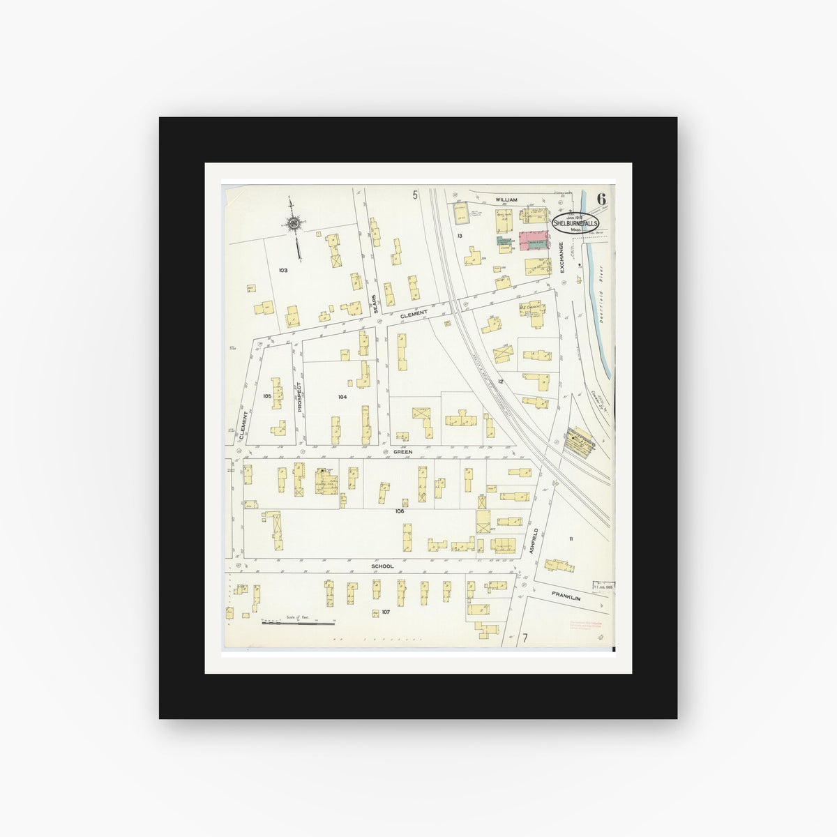 Old map wall art mockup — black gallery frame with white mat — Sanborn Fire Insurance Map from Shelburne Falls, Franklin County, Massachusetts (1910), Sheet #0006