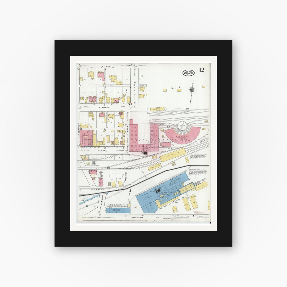 Old map wall art mockup — black gallery frame with white mat — Sanborn Fire Insurance Map from Wabash, Wabash County, Indiana (1920), Sheet #0012
