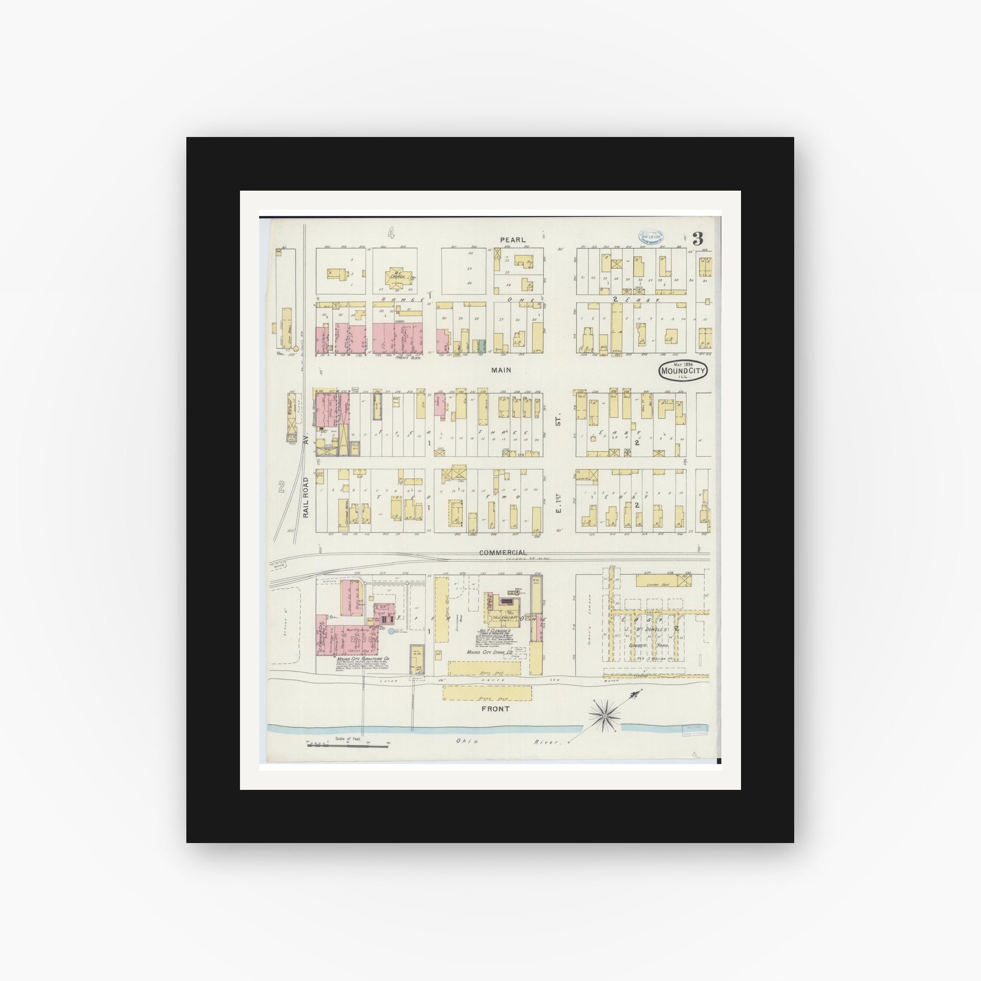 Old map wall art mockup — black gallery frame with white mat — Sanborn Fire Insurance Map from Mound City, Pulaski County, Illinois (1894), Sheet #0003