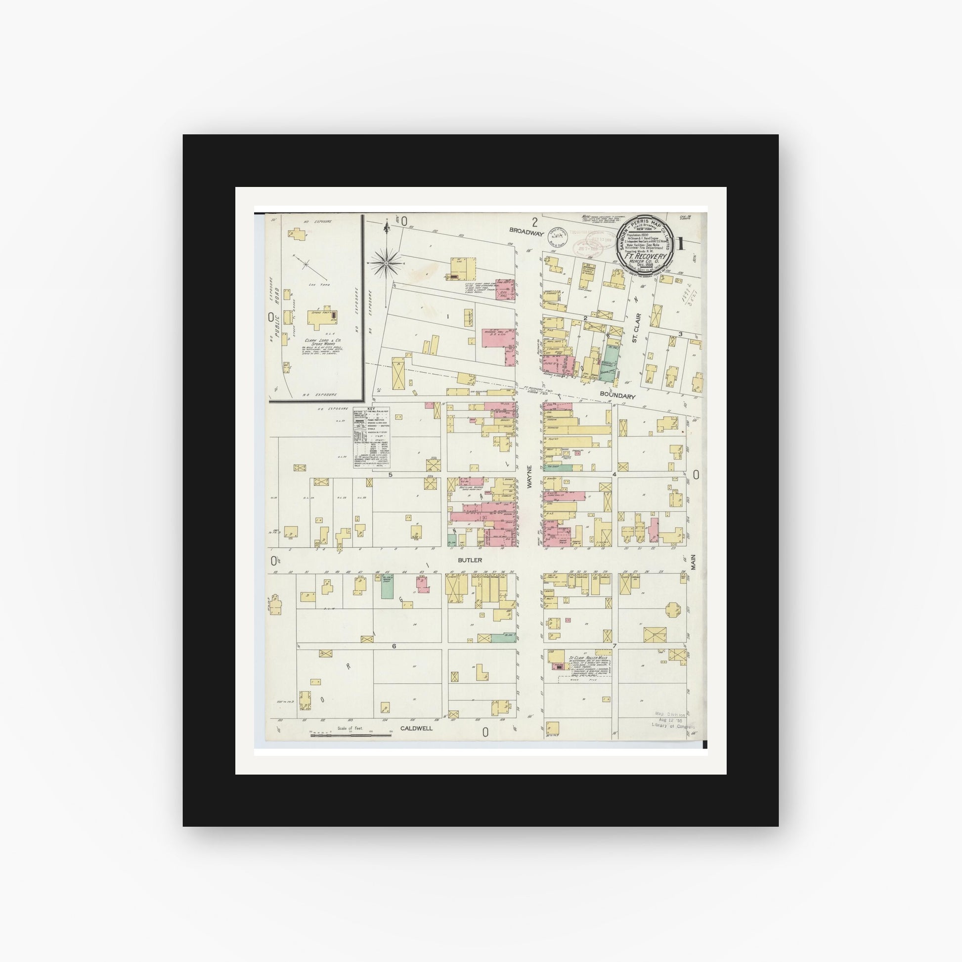 Old map wall art mockup — black gallery frame with white mat — Sanborn Fire Insurance Map from Fort Recovery, Mercer County, Ohio (1898), Sheet #0001