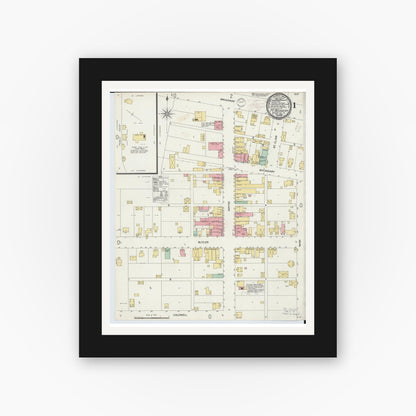 Old map wall art mockup — black gallery frame with white mat — Sanborn Fire Insurance Map from Fort Recovery, Mercer County, Ohio (1898), Sheet #0001