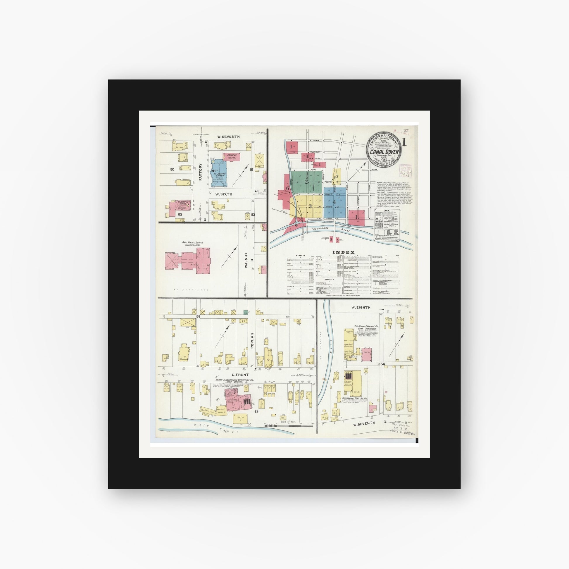 Old map wall art mockup — black gallery frame with white mat — Sanborn Fire Insurance Map from Canal Dover, Tuscarawas County, Ohio (1907) - Complete Map Set