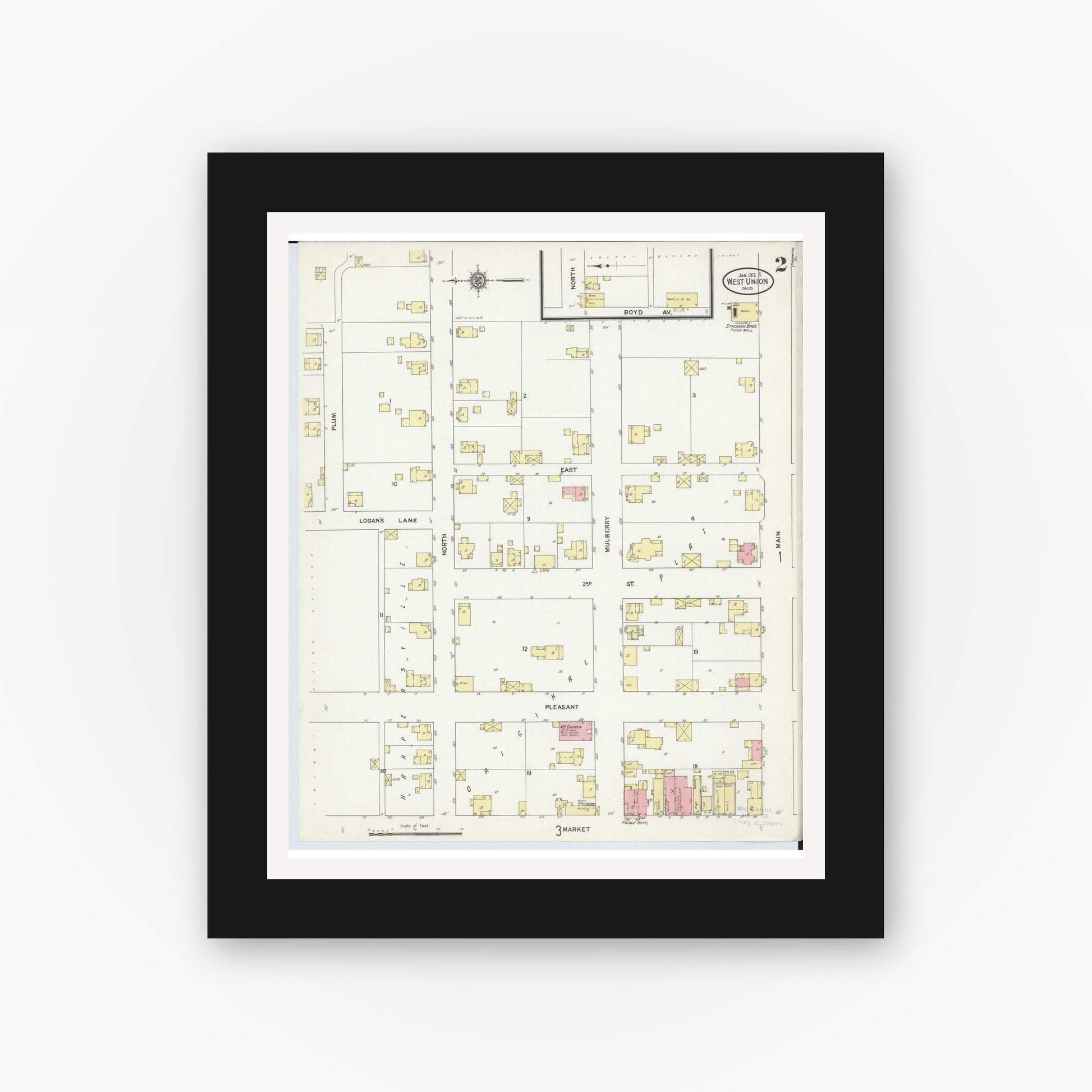 Old map wall art mockup — black gallery frame with white mat — Sanborn Fire Insurance Map from West Union, Adams County, Ohio (1912), Sheet #0002