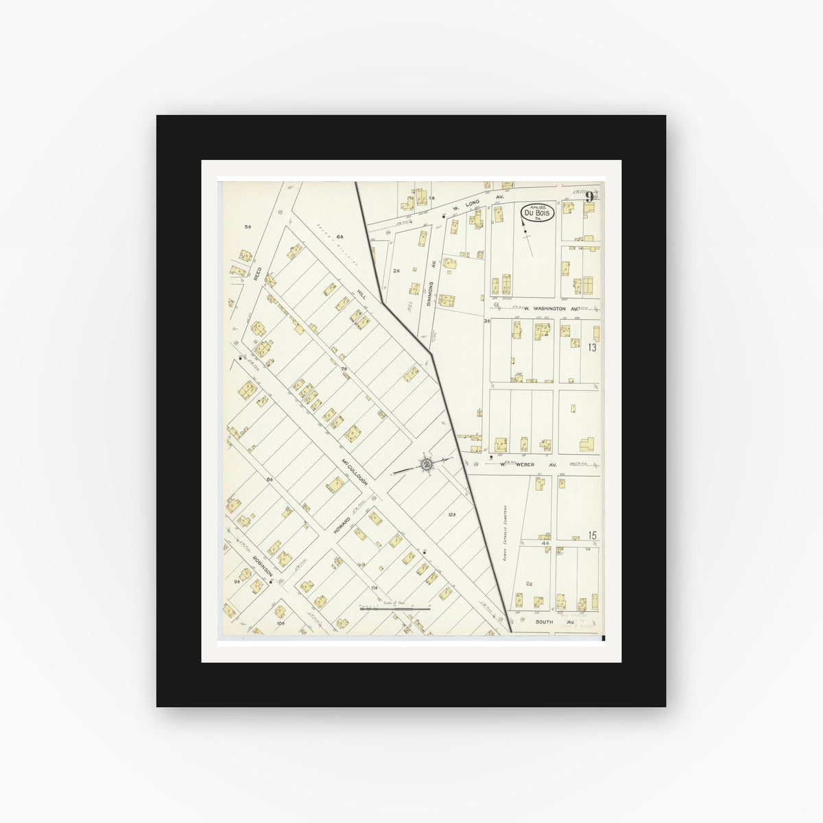 Old map wall art mockup — black gallery frame with white mat — Sanborn Fire Insurance Map from Du Bois, Clearfield County, Pennsylvania (1913), Sheet #0009