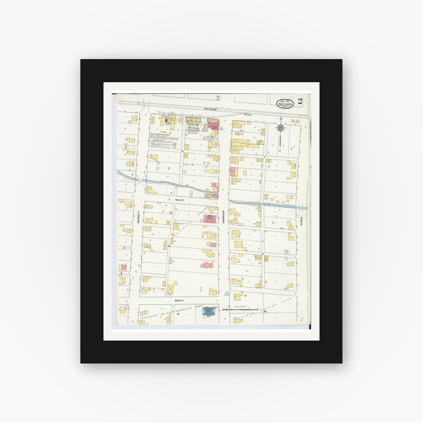 Old map wall art mockup — black gallery frame with white mat — Sanborn Fire Insurance Map from Nevada, Wyandot County, Ohio (1911), Sheet #0002