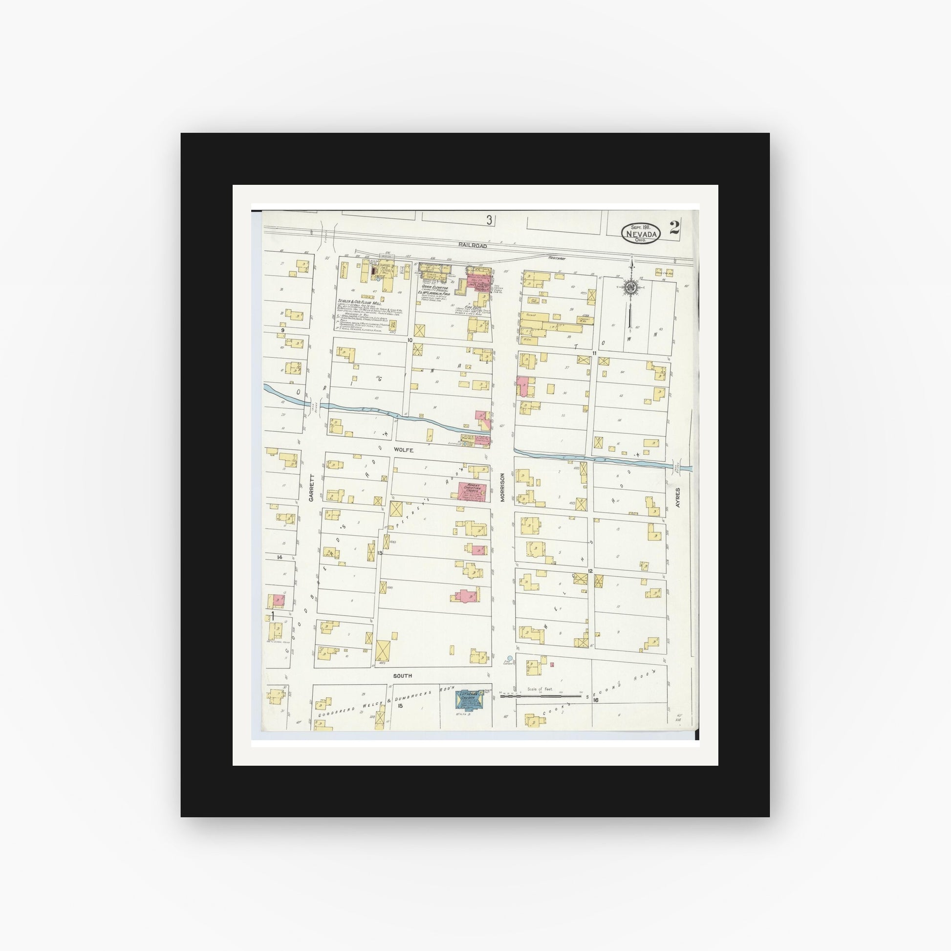 Old map wall art mockup — black gallery frame with white mat — Sanborn Fire Insurance Map from Nevada, Wyandot County, Ohio (1911), Sheet #0002