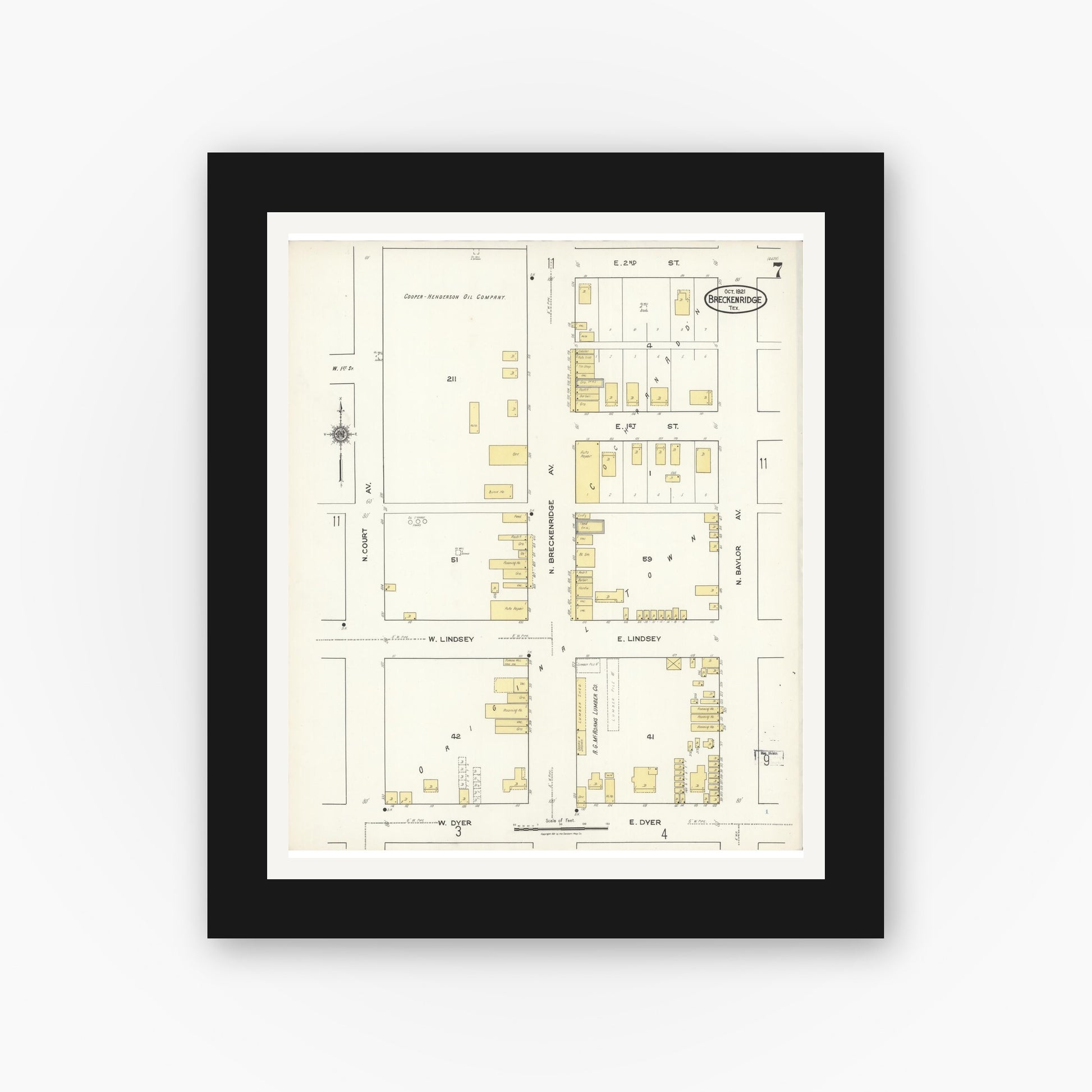 Old map wall art mockup — black gallery frame with white mat — Sanborn Fire Insurance Map from Breckenridge, Stephens County, Texas (1921), Sheet #0007