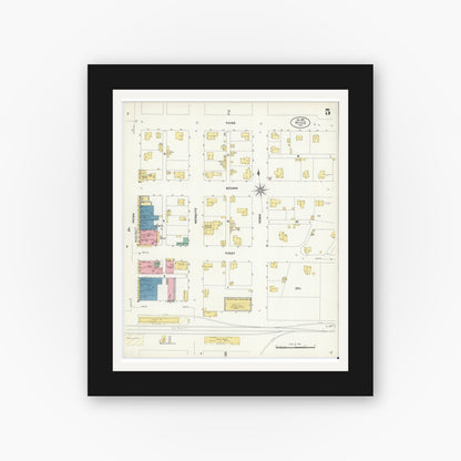 Old map wall art mockup — black gallery frame with white mat — Sanborn Fire Insurance Map from Hico, Hamilton County, Texas (1907), Sheet #0005