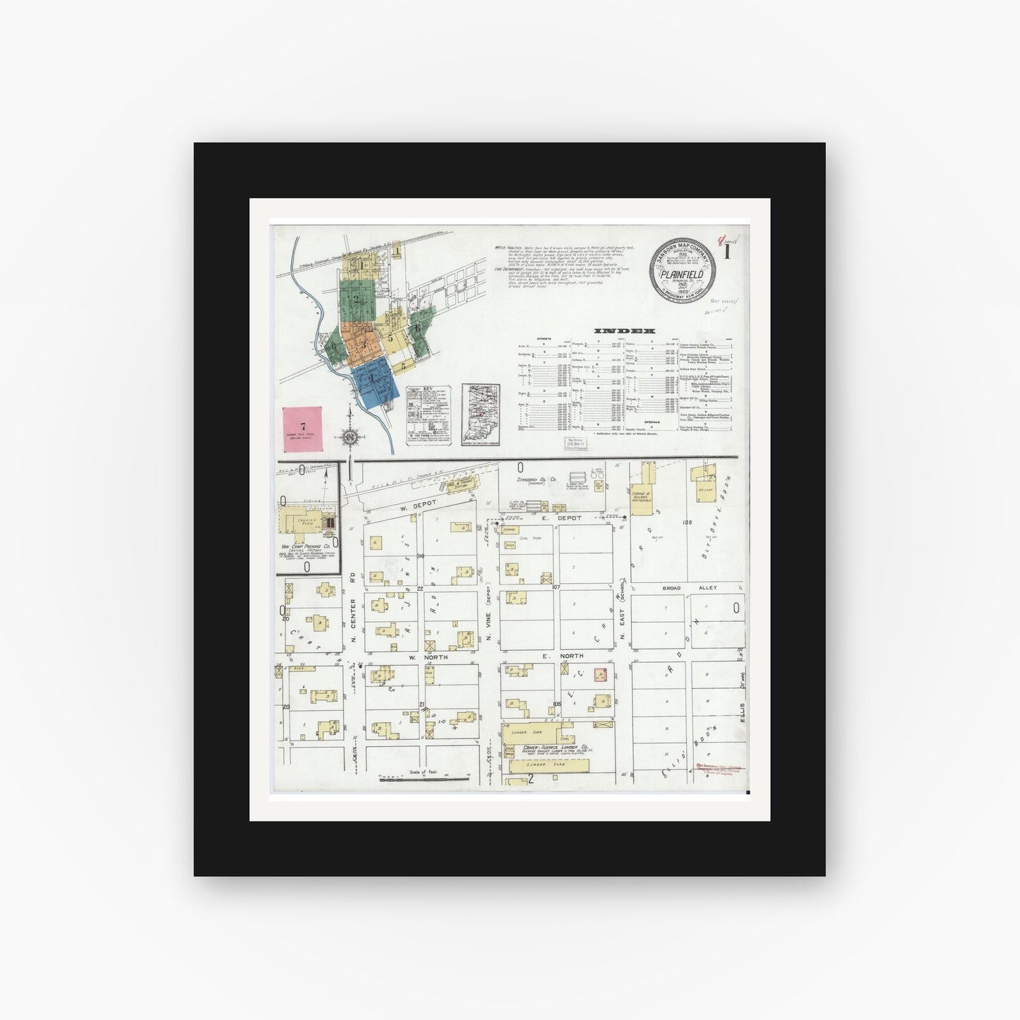 Old map wall art mockup — black gallery frame with white mat — Sanborn Fire Insurance Map from Plainfield, Hendricks County, Indiana (1920), Sheet #0001