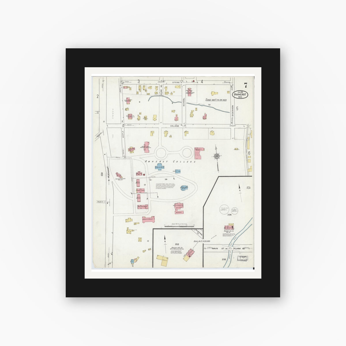 Old map wall art mockup — black gallery frame with white mat — Sanborn Fire Insurance Map from Amherst, Hampshire County, Massachusetts (1916), Sheet #0007