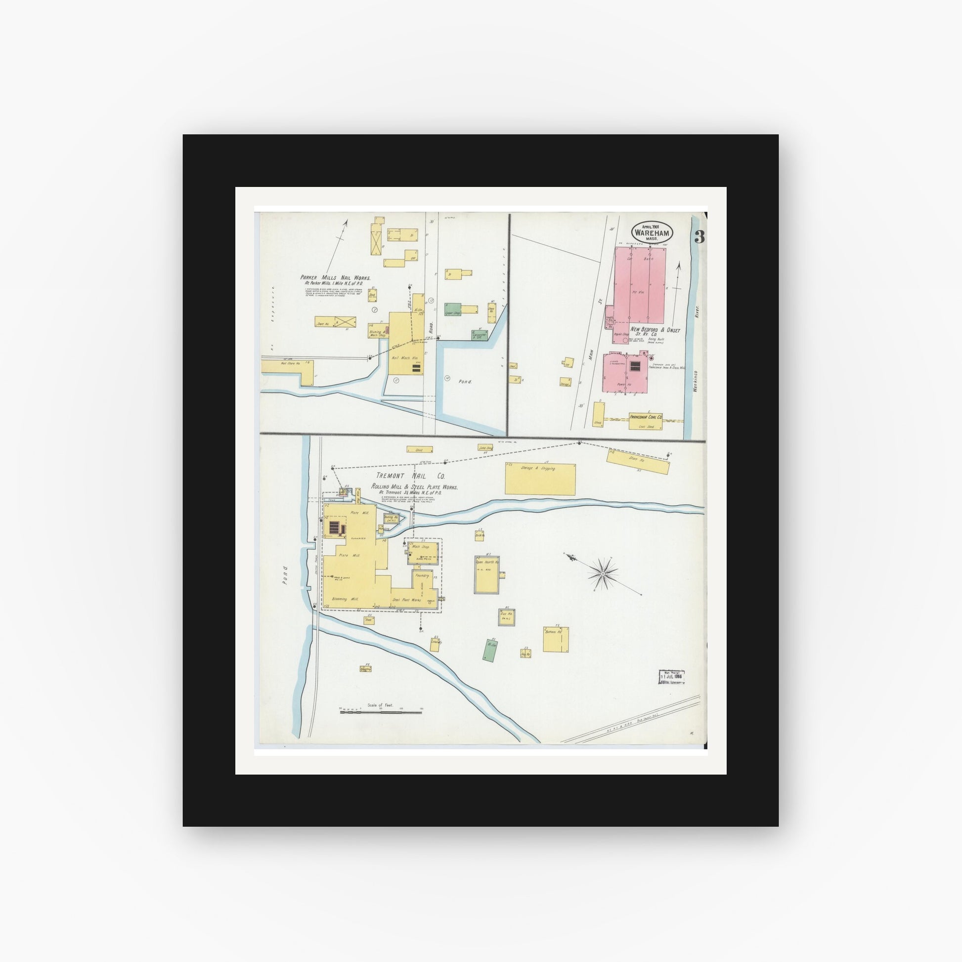 Old map wall art mockup — black gallery frame with white mat — Sanborn Fire Insurance Map from Wareham, Plymouth County, Massachusetts (1901), Sheet #0003