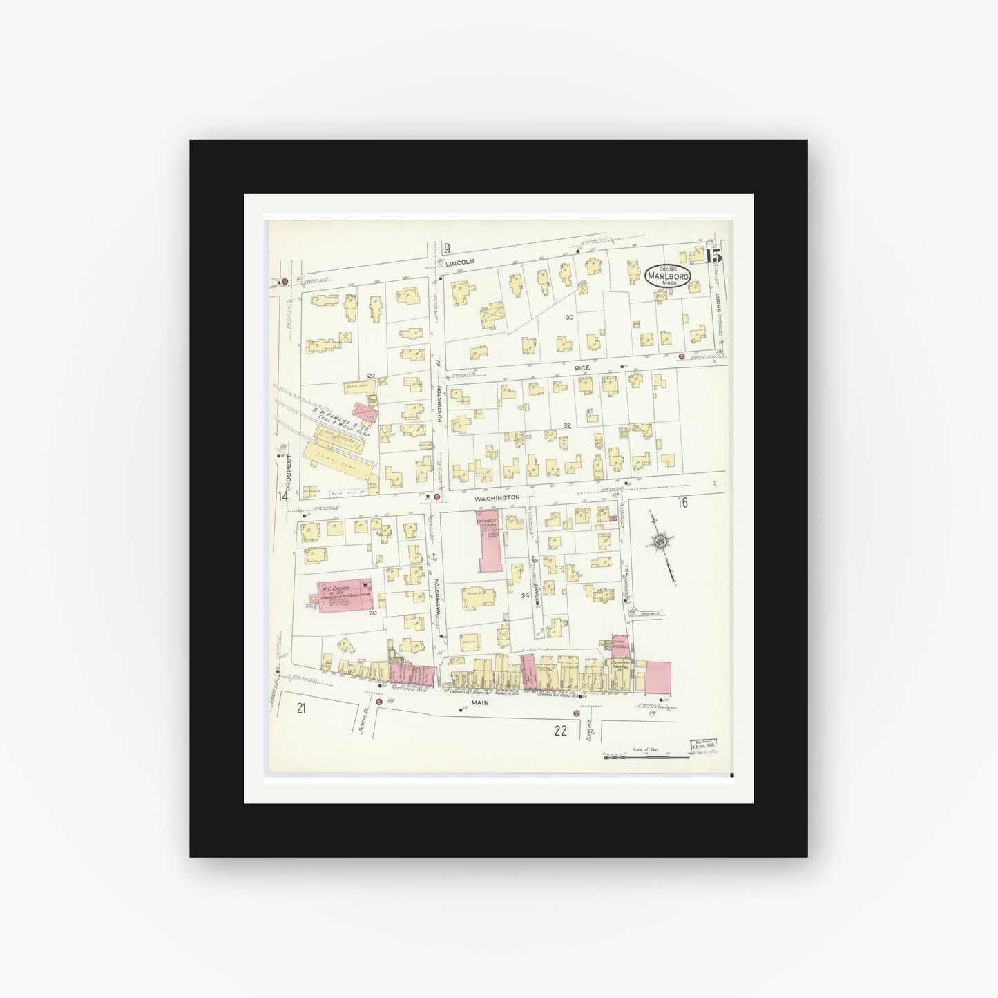 Old map wall art mockup — black gallery frame with white mat — Sanborn Fire Insurance Map from Marlborough, Middlesex County, Massachusetts (1912), Sheet #0015