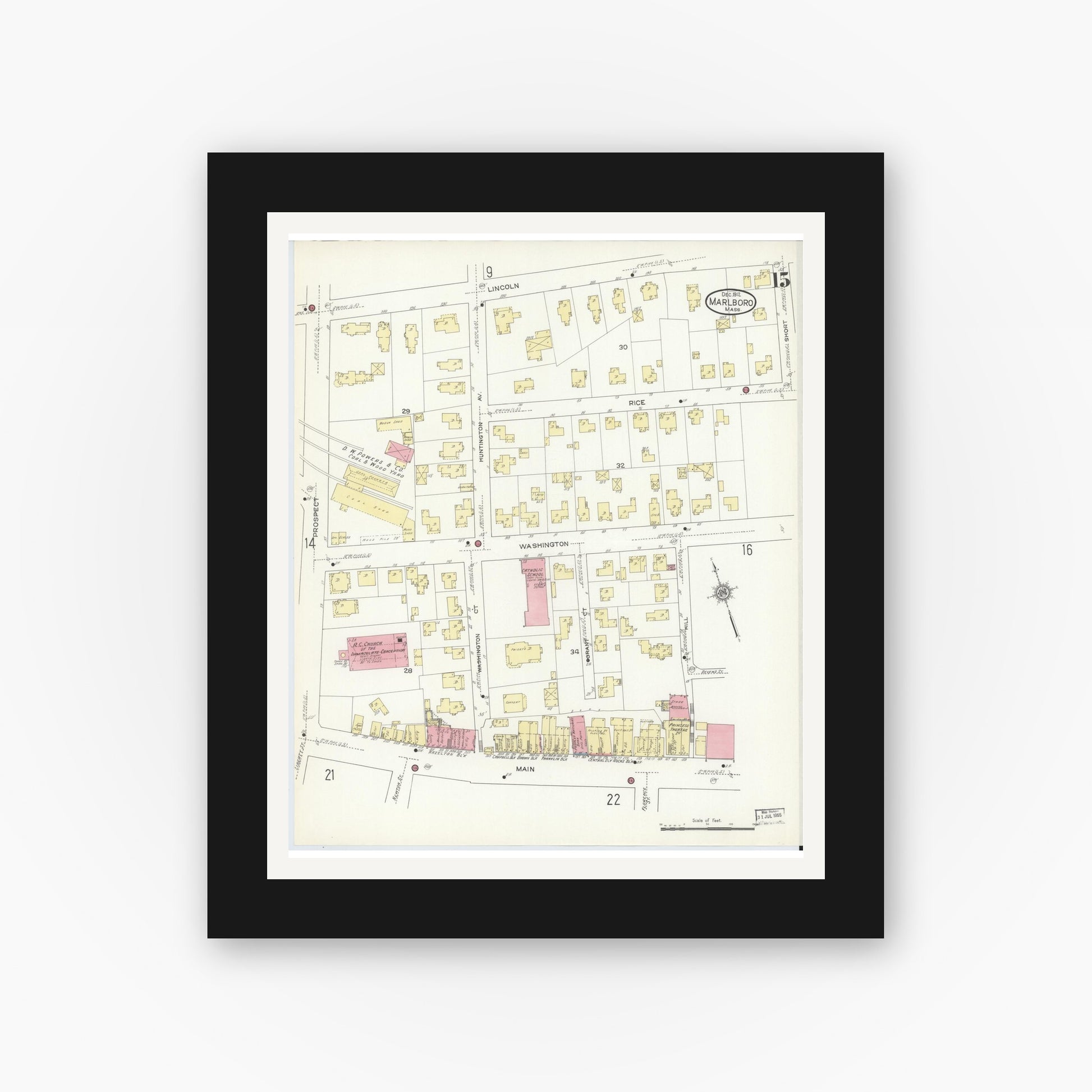 Old map wall art mockup — black gallery frame with white mat — Sanborn Fire Insurance Map from Marlborough, Middlesex County, Massachusetts (1912), Sheet #0015