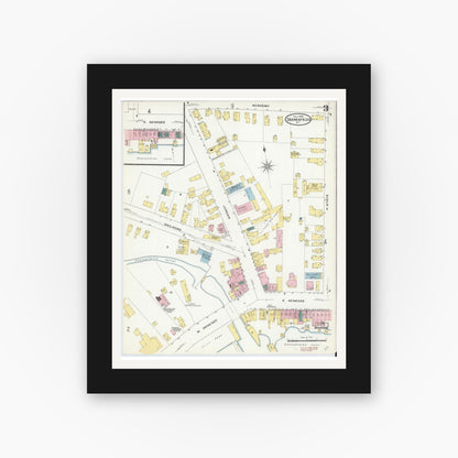 Old map wall art mockup — black gallery frame with white mat — Sanborn Fire Insurance Map from Skaneateles, Onondaga County, New York (1909), Sheet #0003