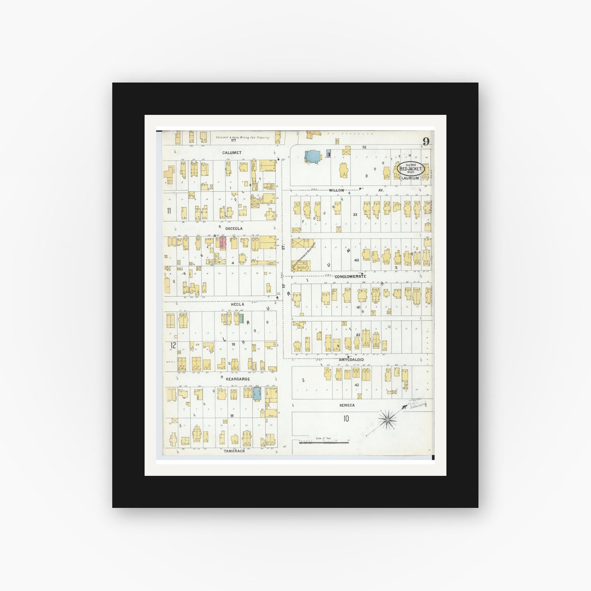 Old map wall art mockup — black gallery frame with white mat — Sanborn Fire Insurance Map from Red Jacket, Houghton County, Michigan (1900), Sheet #0009