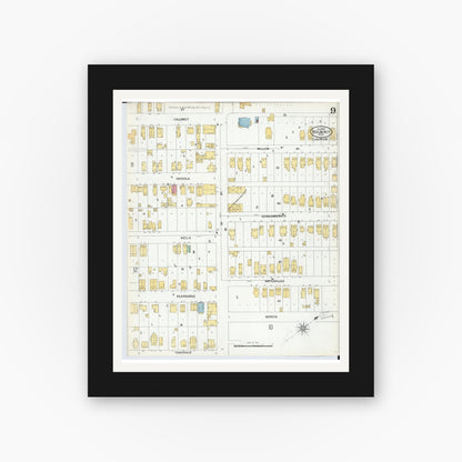 Old map wall art mockup — black gallery frame with white mat — Sanborn Fire Insurance Map from Red Jacket, Houghton County, Michigan (1900), Sheet #0009
