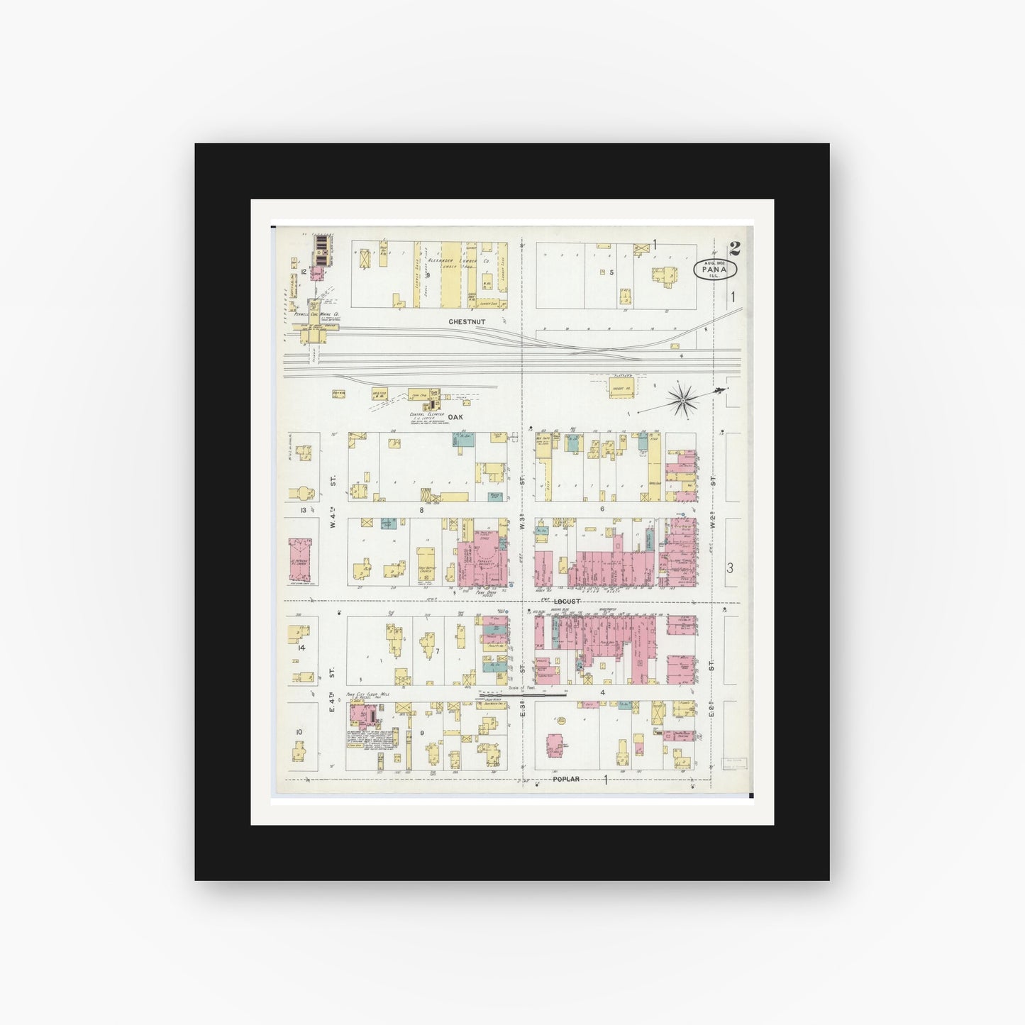 Old map wall art mockup — black gallery frame with white mat — Sanborn Fire Insurance Map from Pana, Christian County, Illinois (1902), Sheet #0002