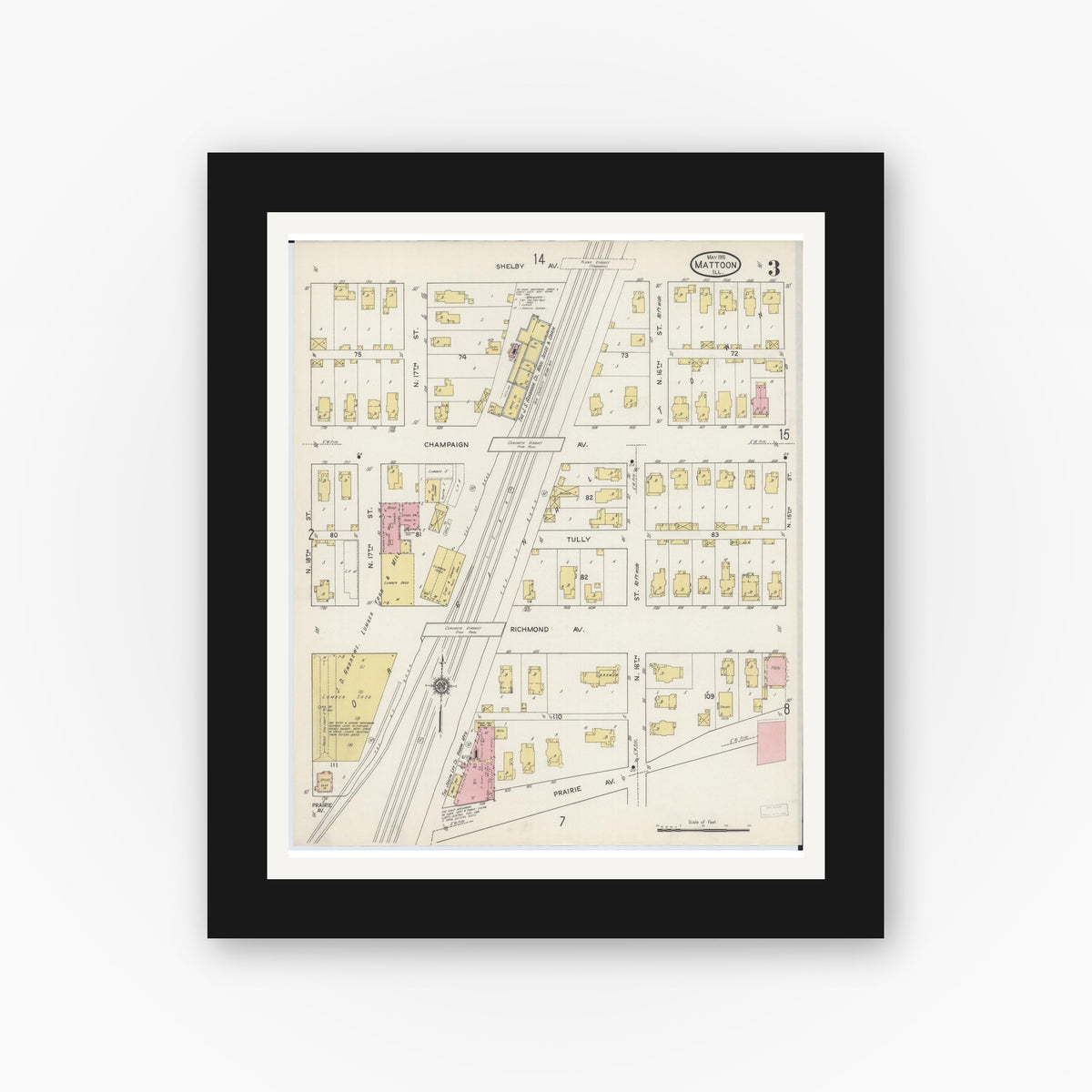 Old map wall art mockup — black gallery frame with white mat — Sanborn Fire Insurance Map from Mattoon, Coles County, Illinois (1915), Sheet #0003
