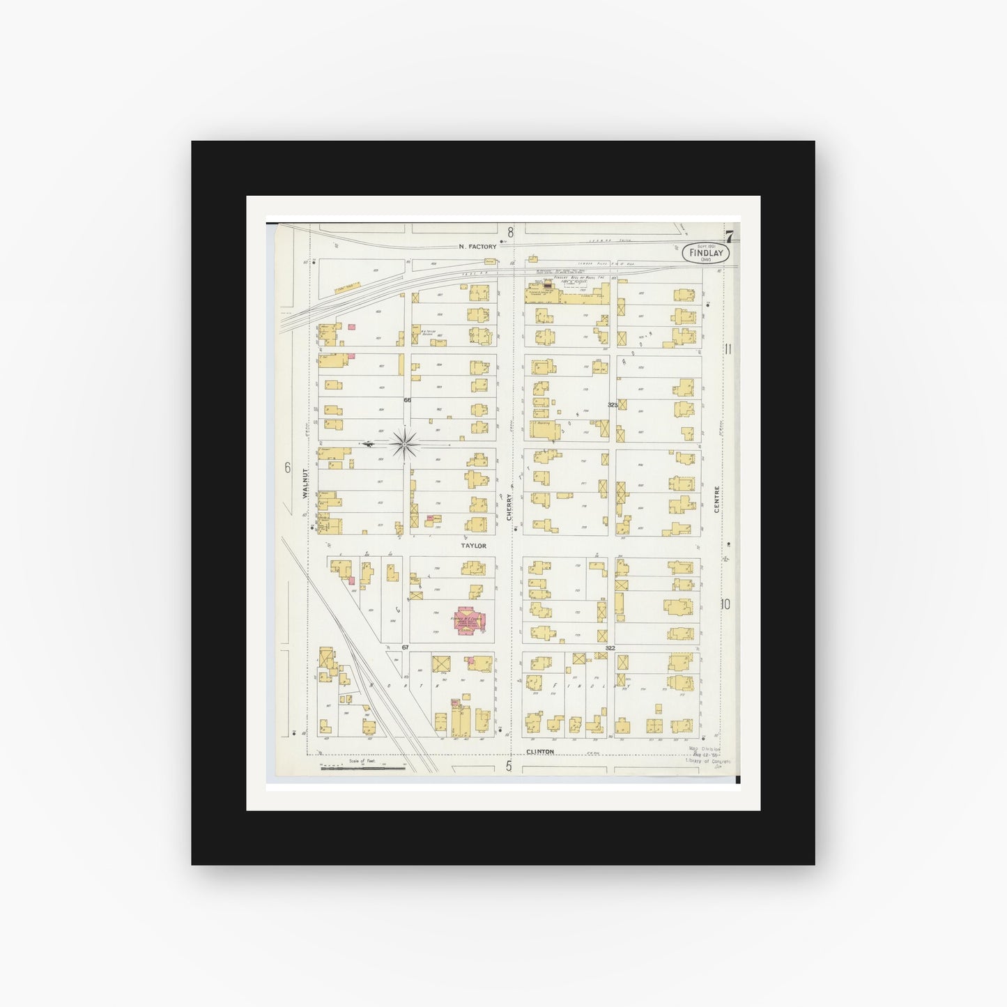 Old map wall art mockup — black gallery frame with white mat — Sanborn Fire Insurance Map from Findlay, Hancock County, Ohio (1901), Sheet #0007