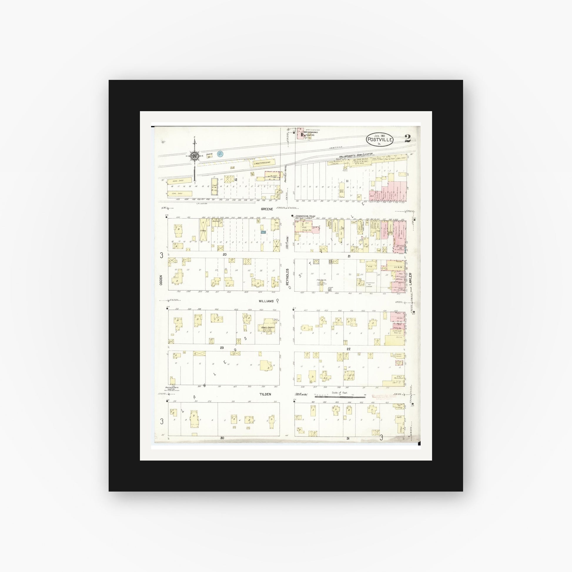 Old map wall art mockup — black gallery frame with white mat — Sanborn Fire Insurance Map from Postville, Allamakee County, Iowa (1913), Sheet #0002