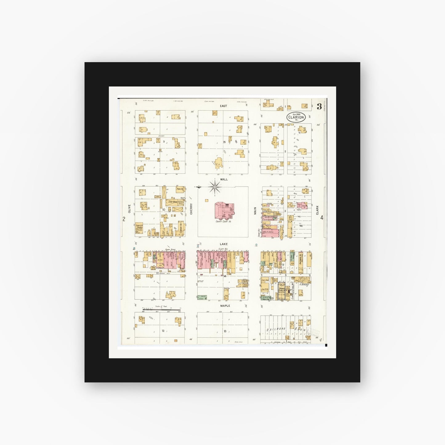 Old map wall art mockup — black gallery frame with white mat — Sanborn Fire Insurance Map from Clarion, Wright County, Iowa (1900), Sheet #0003