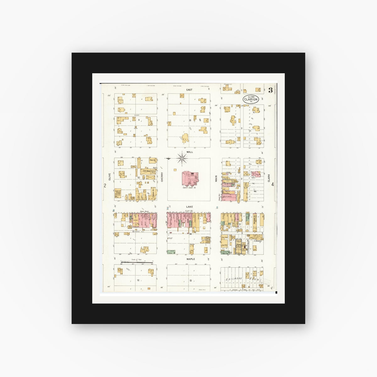 Old map wall art mockup — black gallery frame with white mat — Sanborn Fire Insurance Map from Clarion, Wright County, Iowa (1900), Sheet #0003