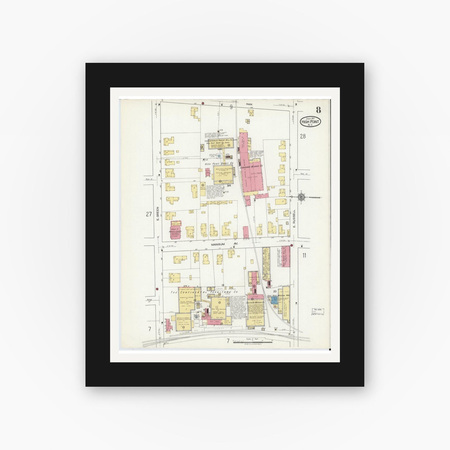 Old map wall art mockup — black gallery frame with white mat — Sanborn Fire Insurance Map from High Point, Guilford County, North Carolina (1917), Sheet #0008