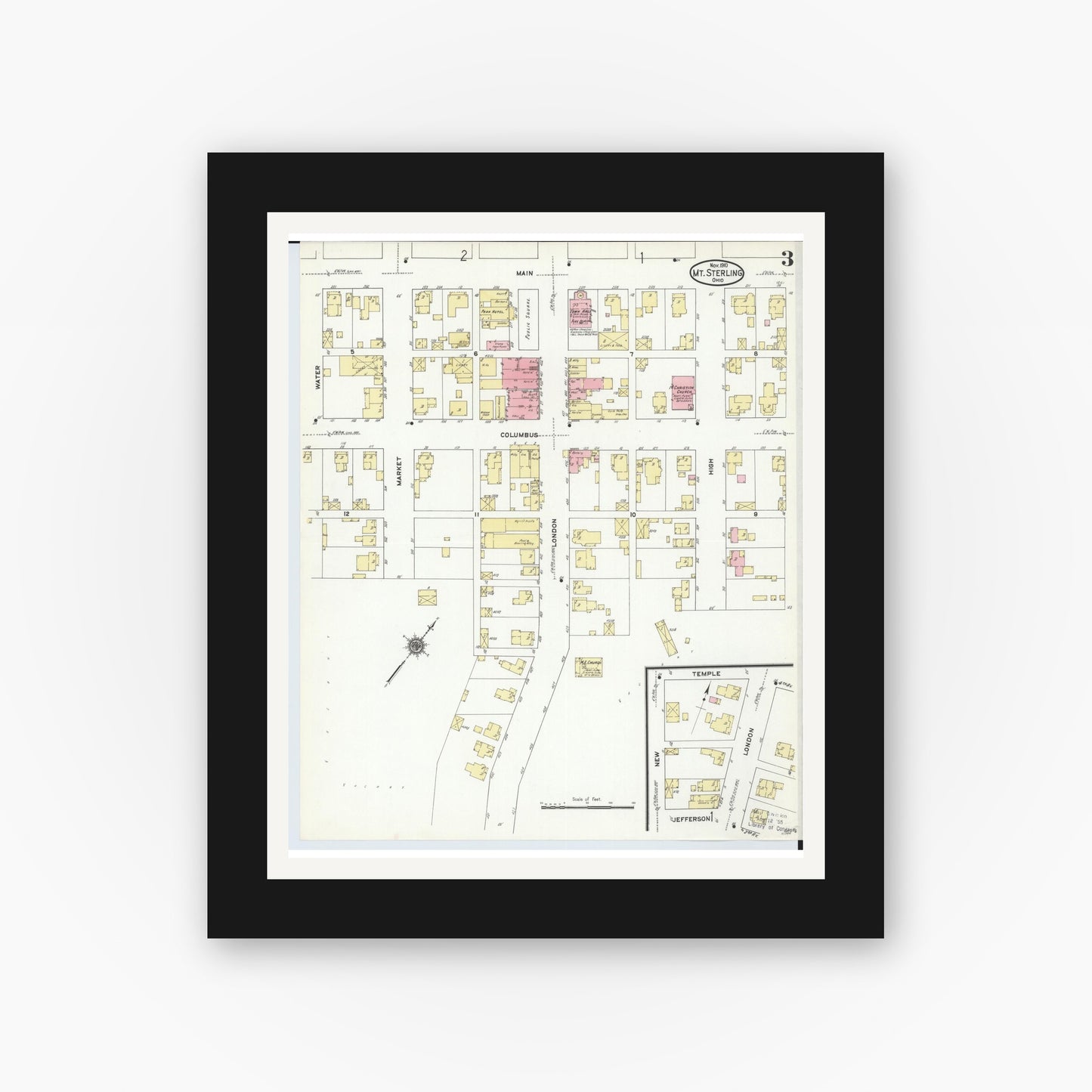 Old map wall art mockup — black gallery frame with white mat — Sanborn Fire Insurance Map from Mount Sterling, Madison County, Ohio (1910), Sheet #0003