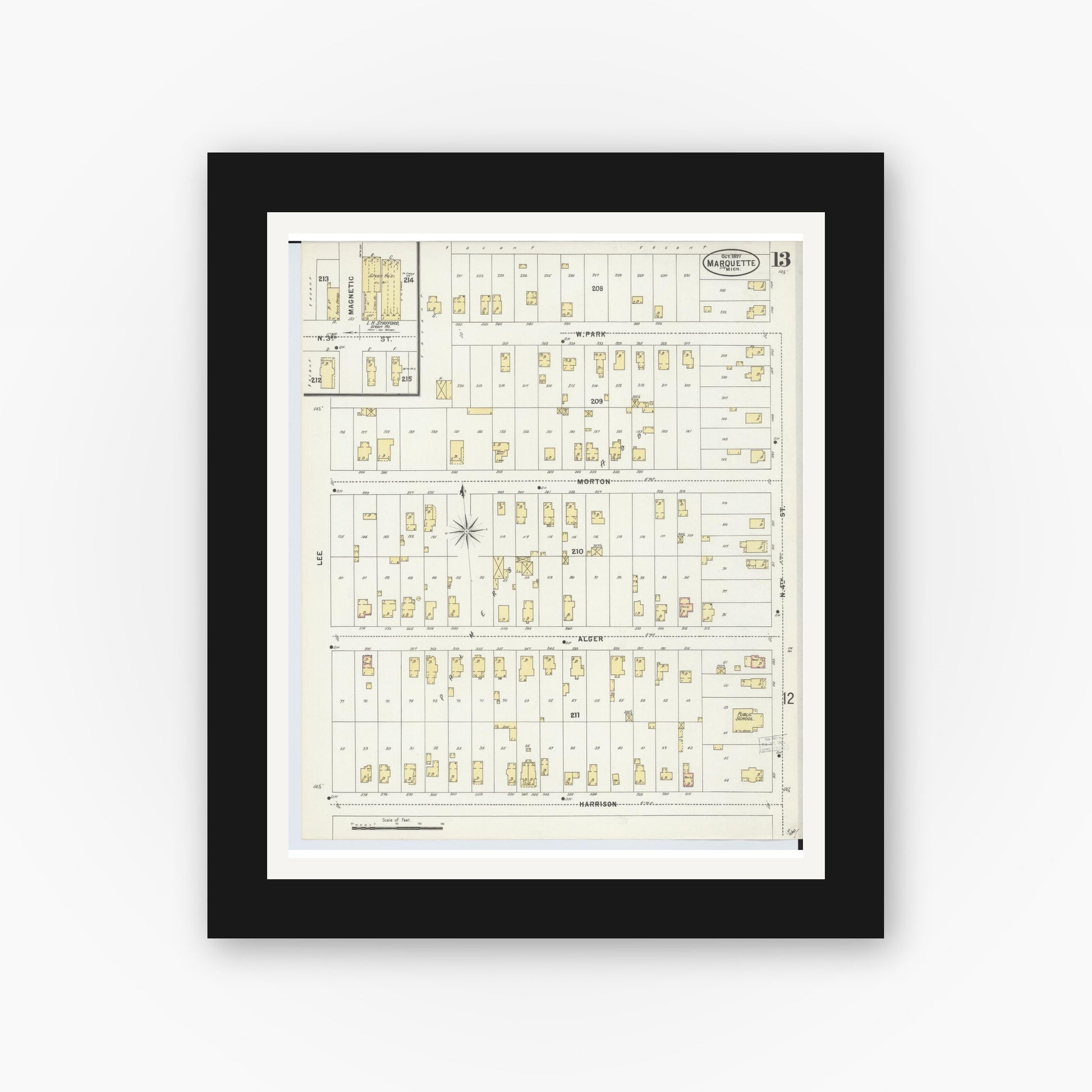 Old map wall art mockup — black gallery frame with white mat — Sanborn Fire Insurance Map from Marquette, Marquette County, Michigan (1897), Sheet #0013