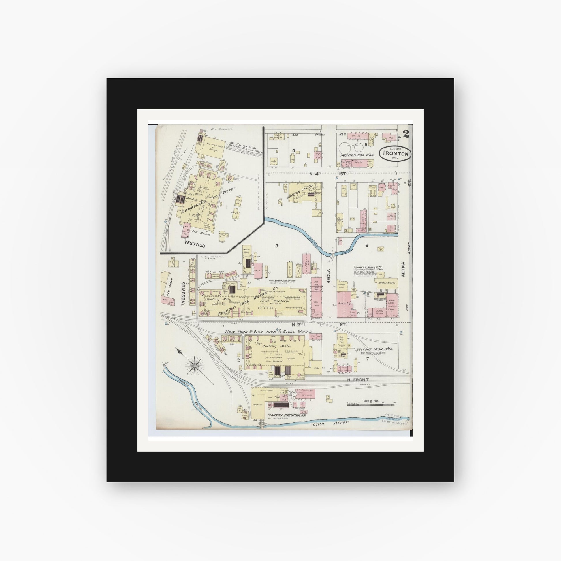 Old map wall art mockup — black gallery frame with white mat — Sanborn Fire Insurance Map from Ironton, Lawrence County, Ohio (1889), Sheet #0002
