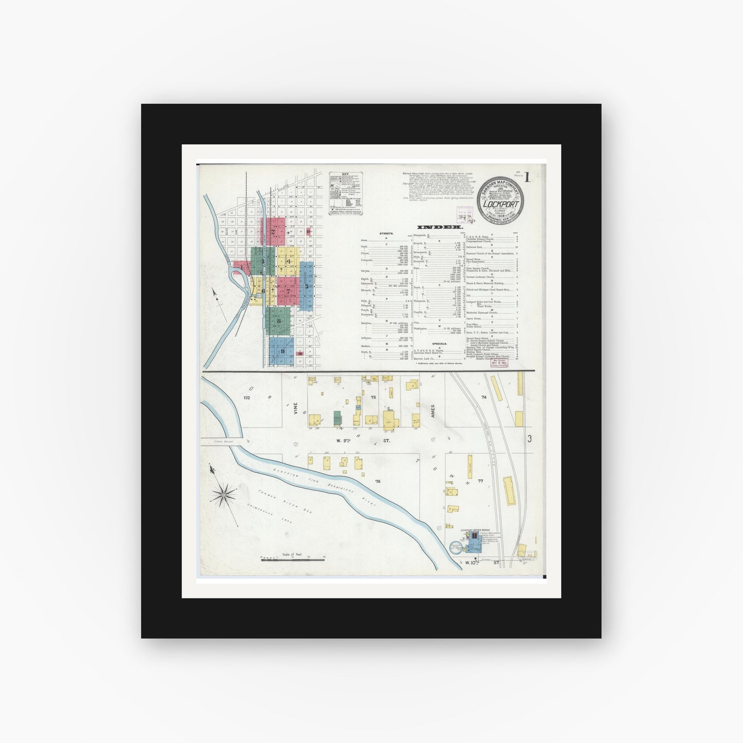 Old map wall art mockup — black gallery frame with white mat — Sanborn Fire Insurance Map from Lockport, Will County, Illinois (1909) - Complete Map Set