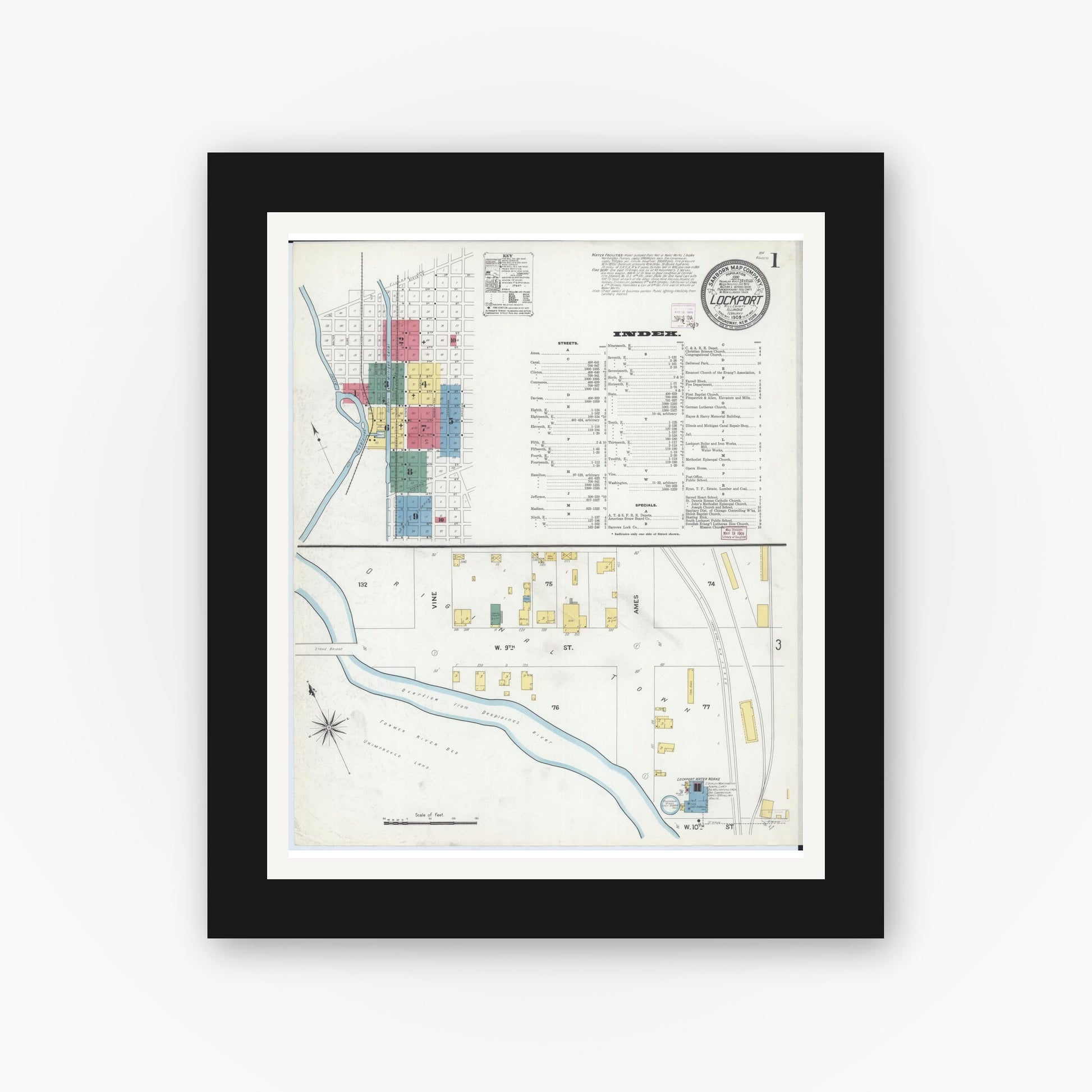 Old map wall art mockup — black gallery frame with white mat — Sanborn Fire Insurance Map from Lockport, Will County, Illinois (1909) - Complete Map Set