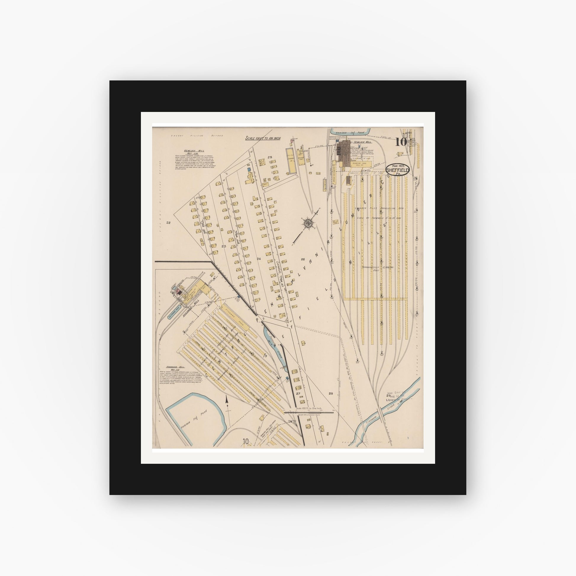 Old map wall art mockup — black gallery frame with white mat — Sanborn Fire Insurance Map from Sheffield, Warren County, Pennsylvania (1922), Sheet #0010
